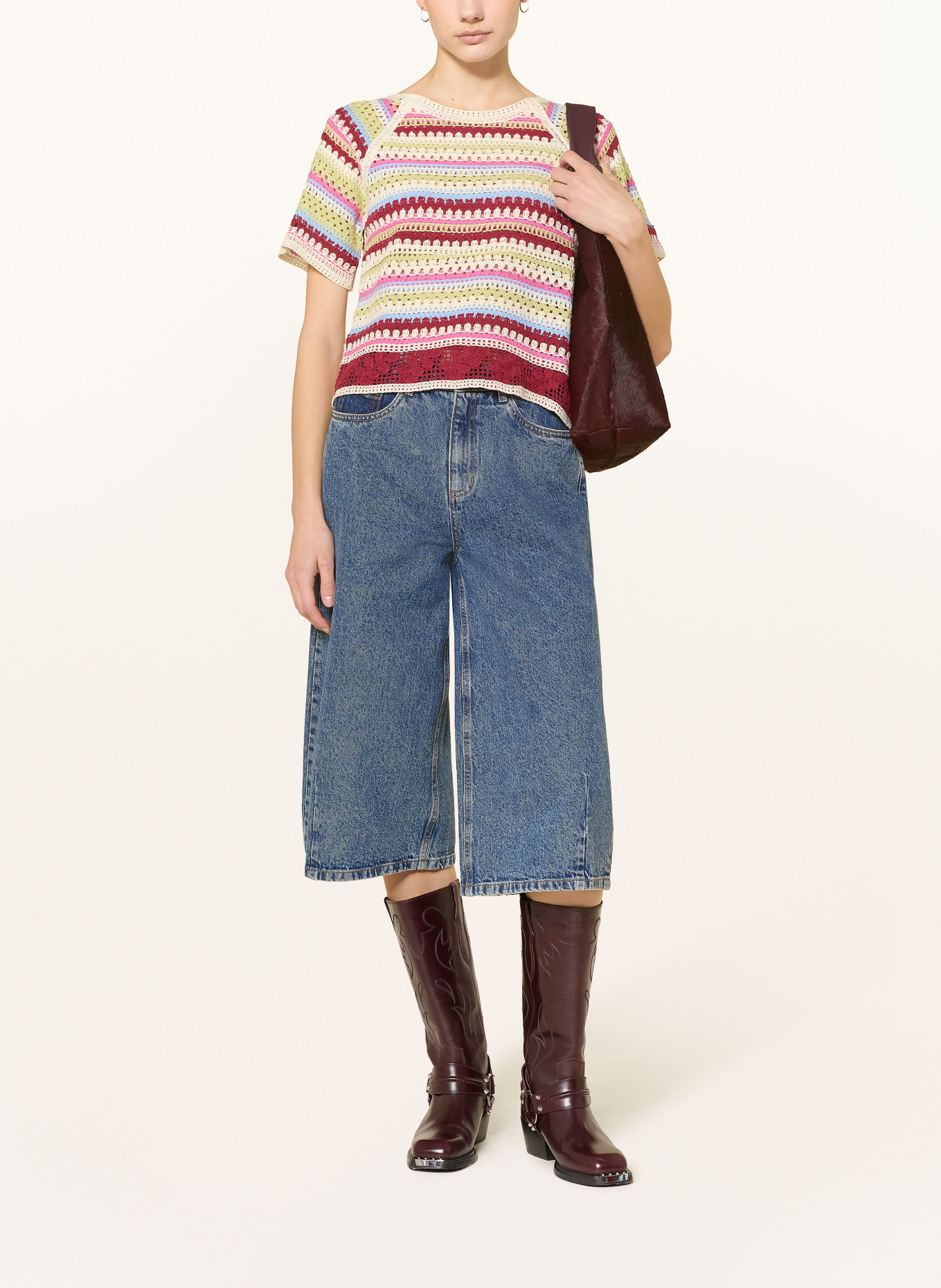 ICHI Crochet shirt IHBANDIE: CREAM / DARK RED / LIGHT GREEN