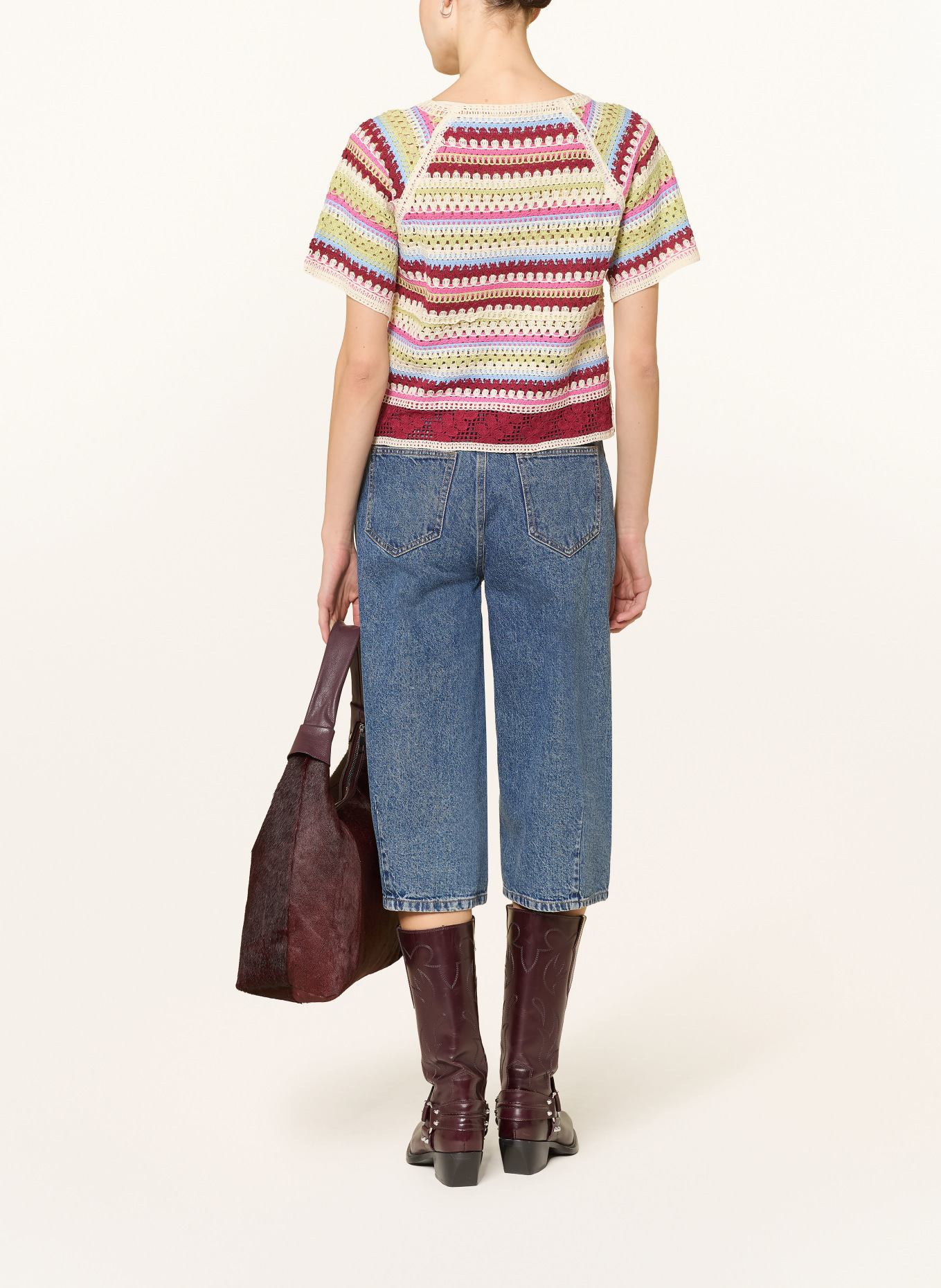 ICHI Crochet shirt IHBANDIE: CREAM / DARK RED / LIGHT GREEN