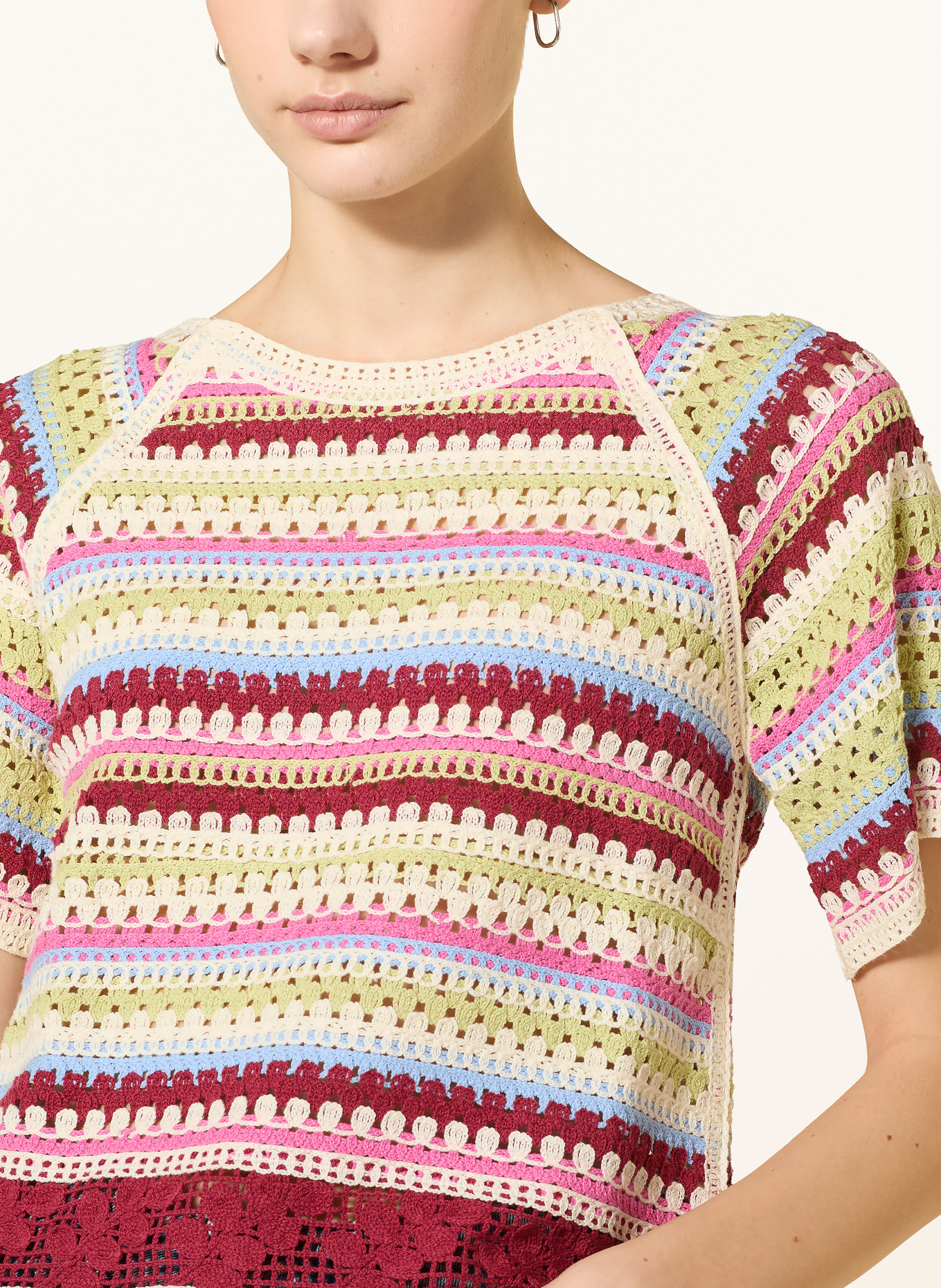 ICHI Crochet shirt IHBANDIE: CREAM / DARK RED / LIGHT GREEN