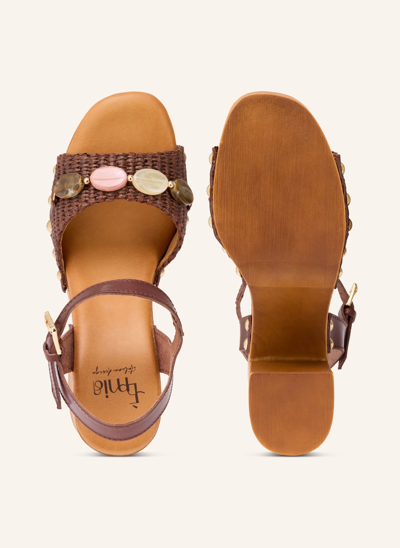 È MIA Plateau-Sandaletten mit Schmucksteinen und Nieten: DUNKELBRAUN