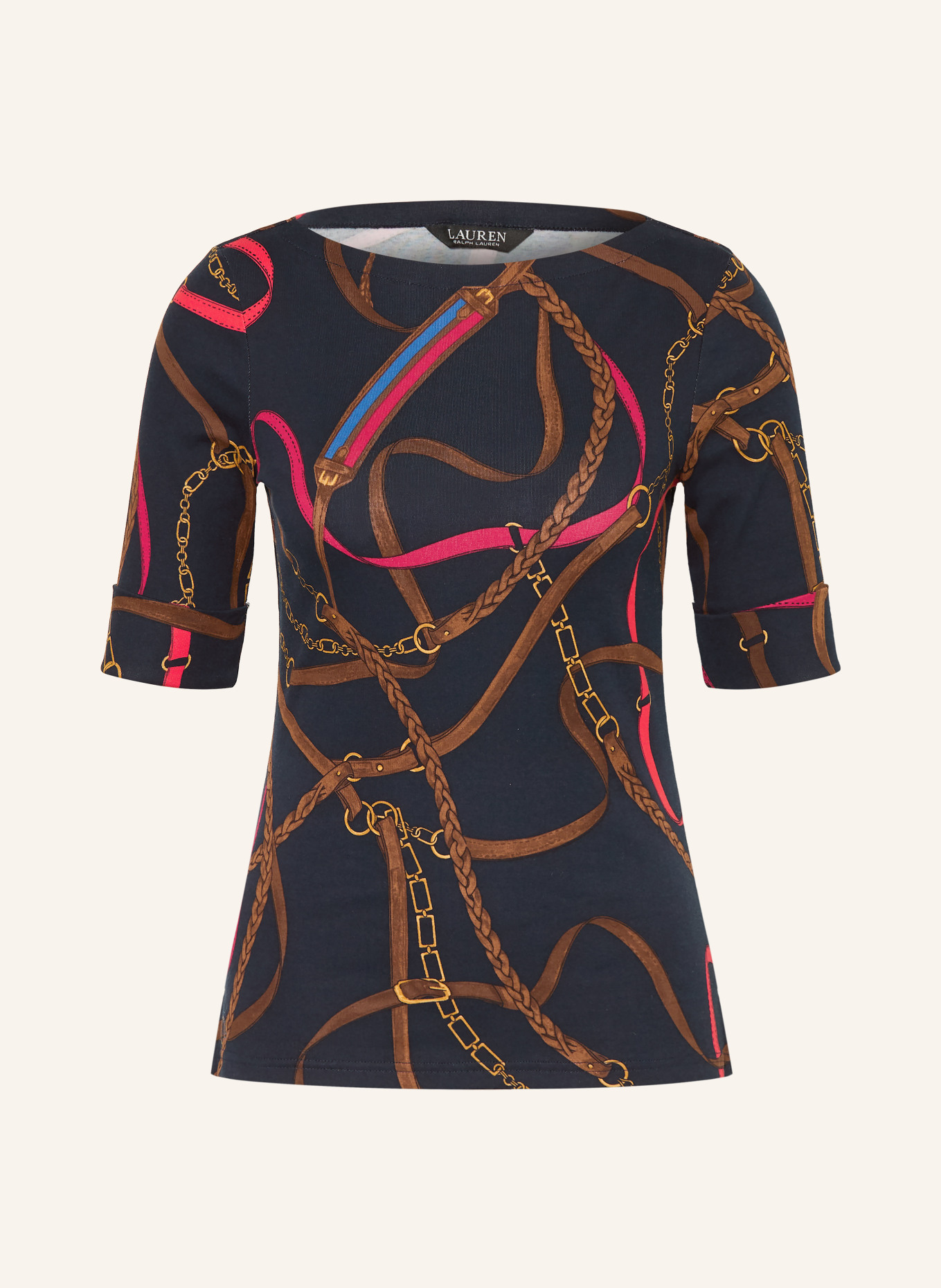 LAUREN RALPH LAUREN tričko: TMAVĚ MODRÁ / ZLATÁ / HNĚDÁ