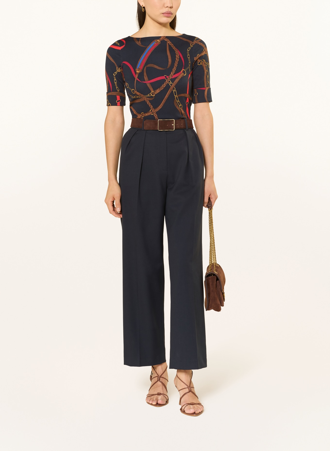 LAUREN RALPH LAUREN tričko: TMAVĚ MODRÁ / ZLATÁ / HNĚDÁ