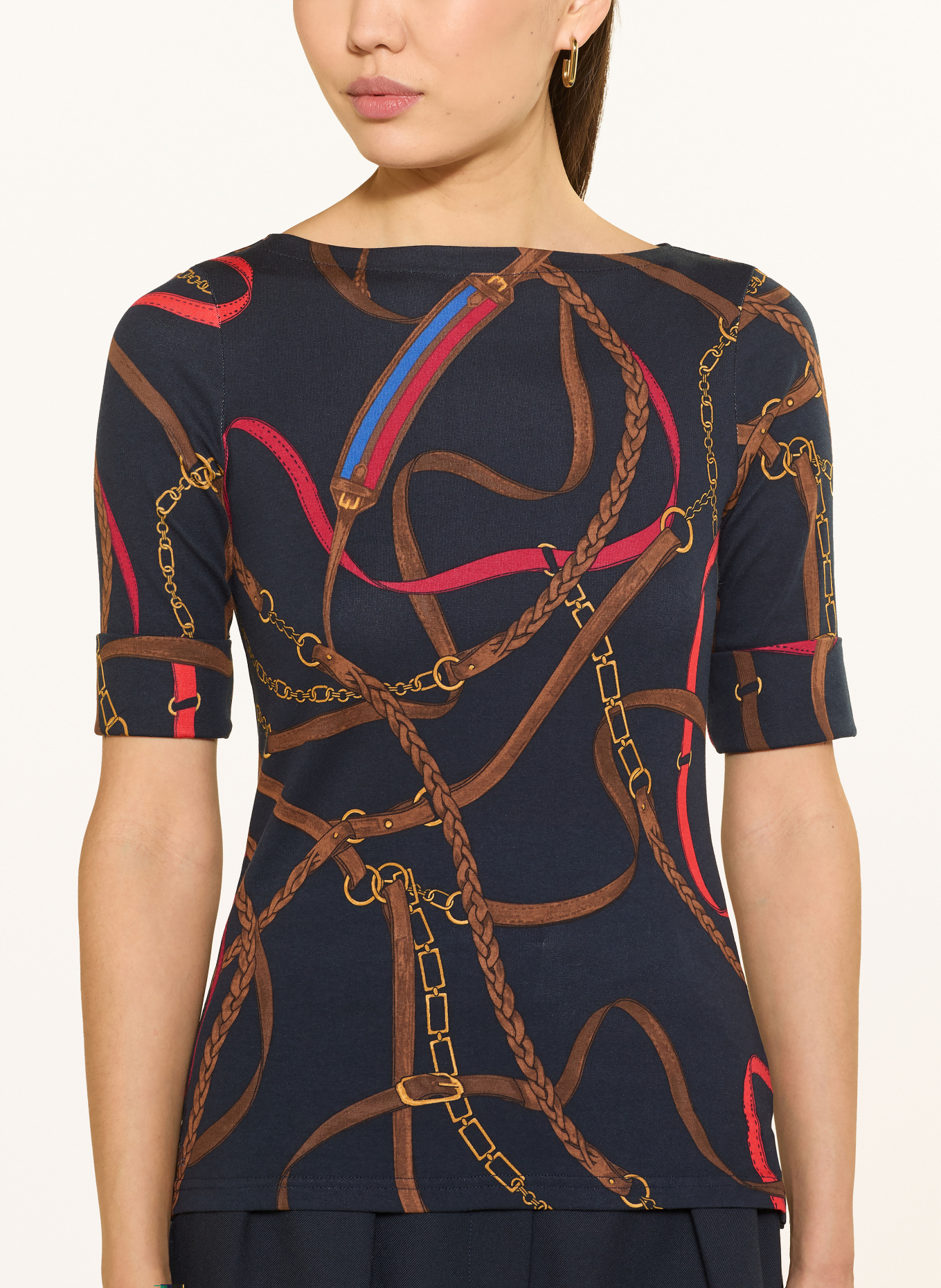 LAUREN RALPH LAUREN tričko: TMAVĚ MODRÁ / ZLATÁ / HNĚDÁ