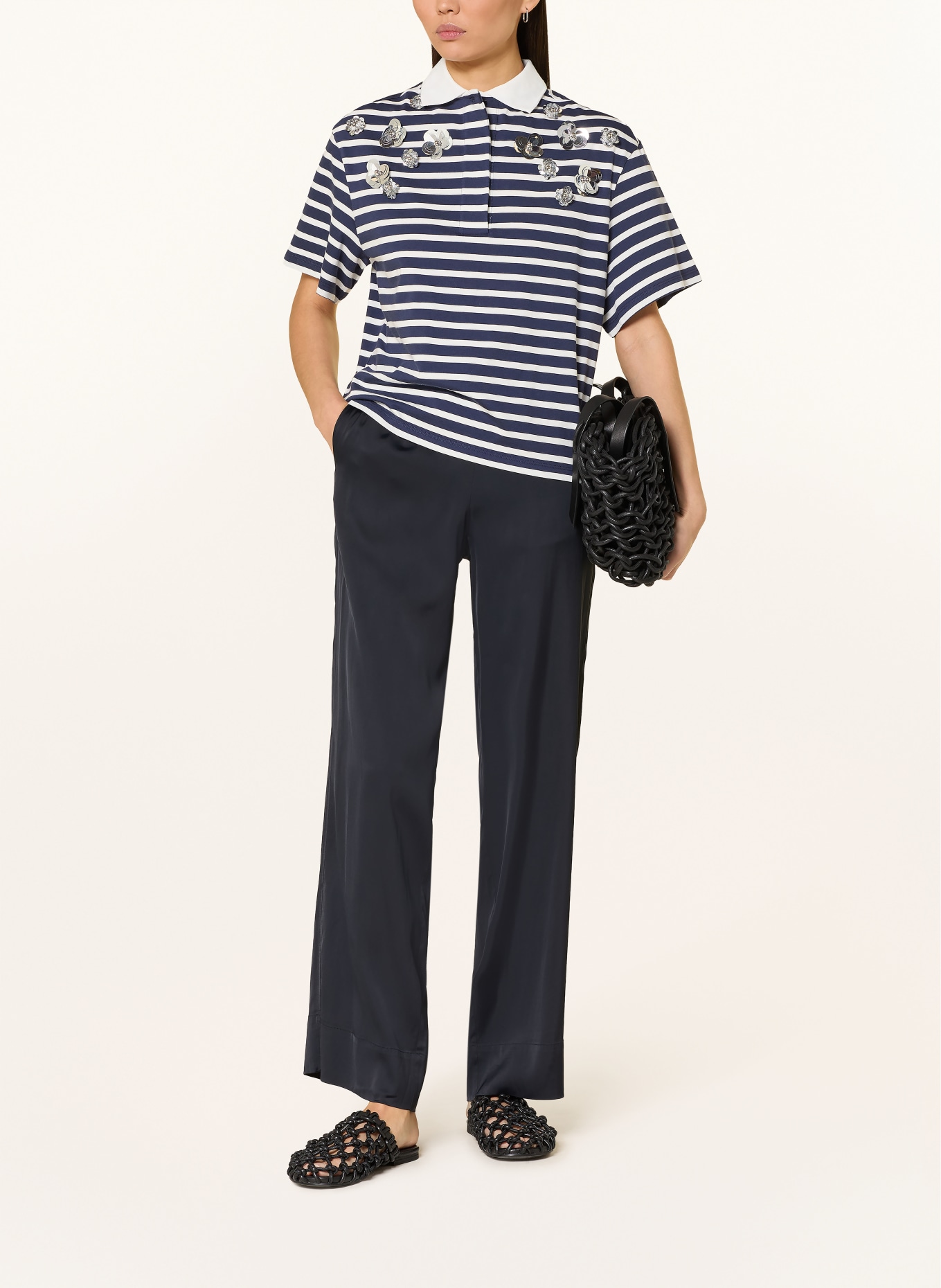 Rich & Royal Koszulka polo z dżerseju z cekinami: GRANATOWY / BIAŁY