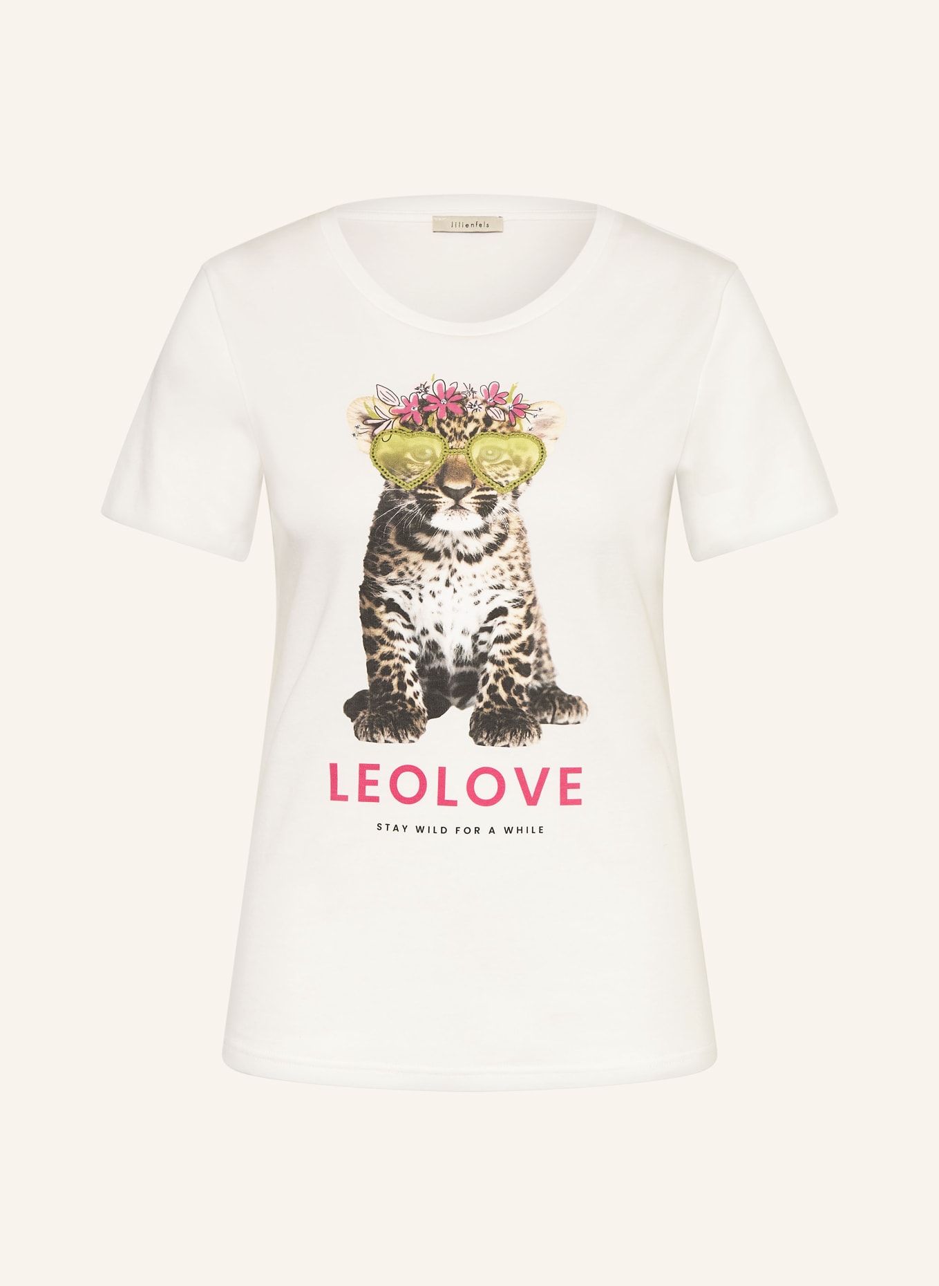 lilienfels T-Shirt LEO LOVE mit Schmucksteinen: CREME / HELLBRAUN / HELLGRÜN
