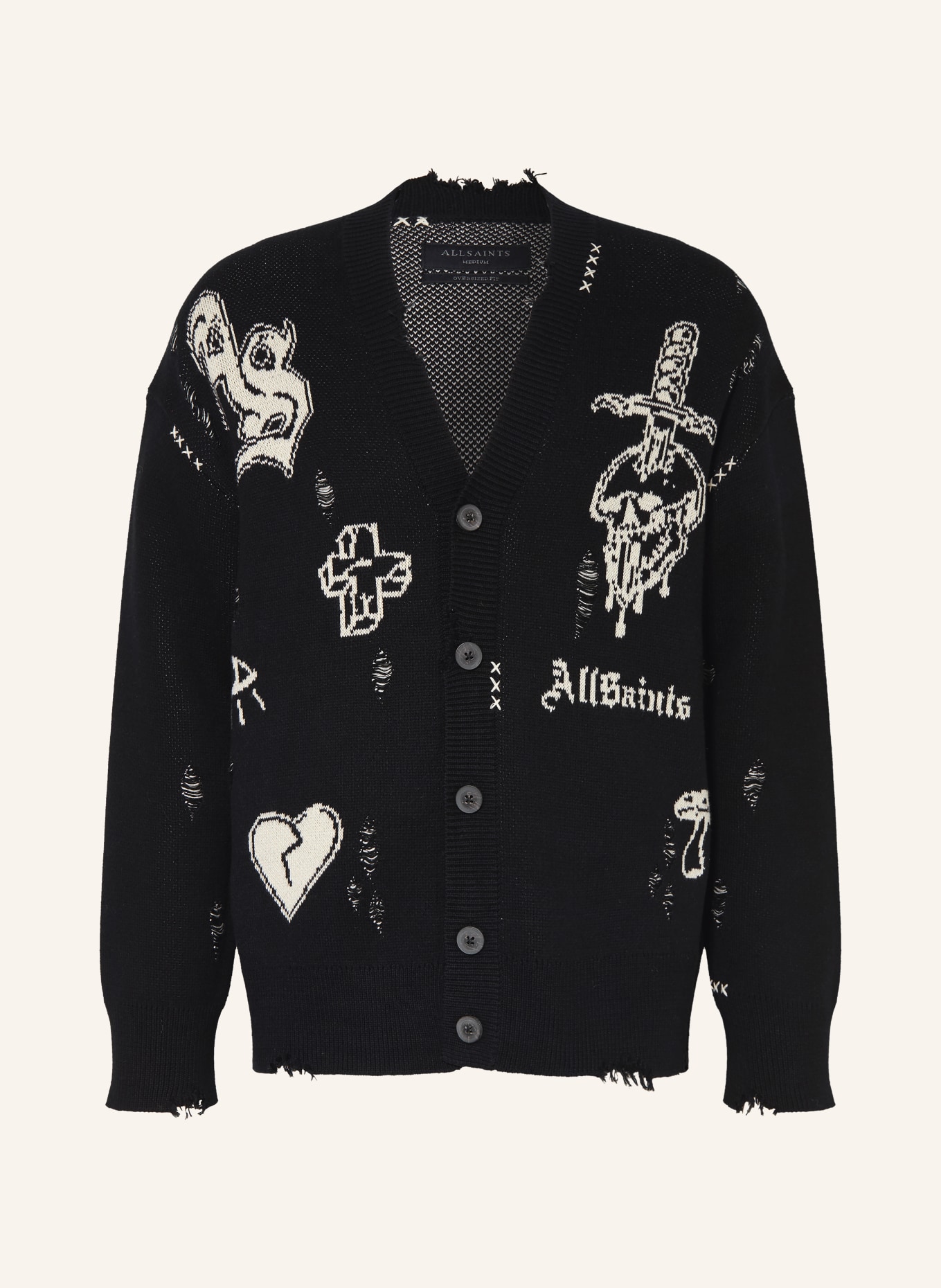 ALLSAINTS Svetr CALEDON: ČERNÁ / SVĚTLE ŠEDÁ