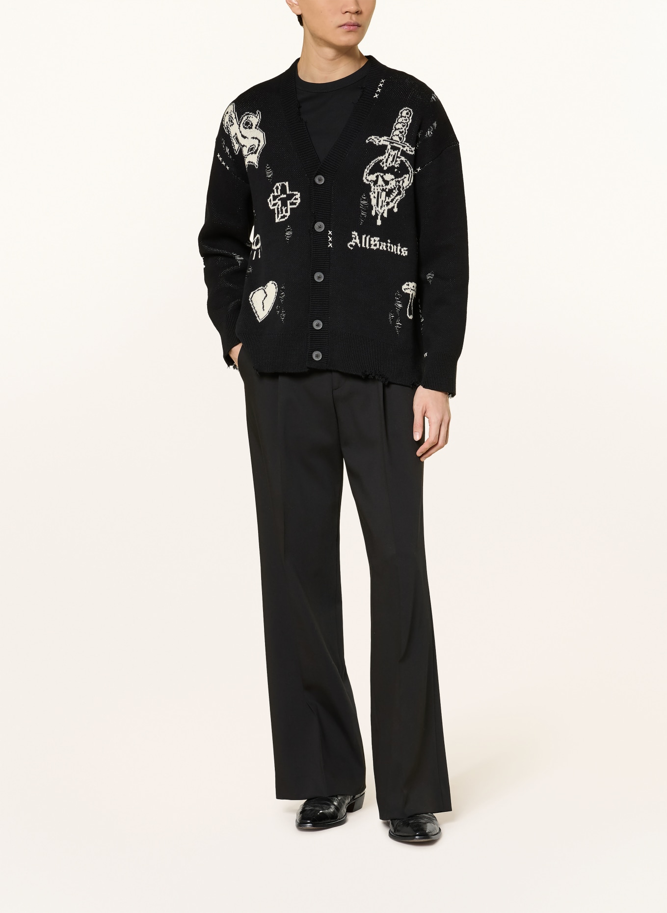 ALLSAINTS Svetr CALEDON: ČERNÁ / SVĚTLE ŠEDÁ