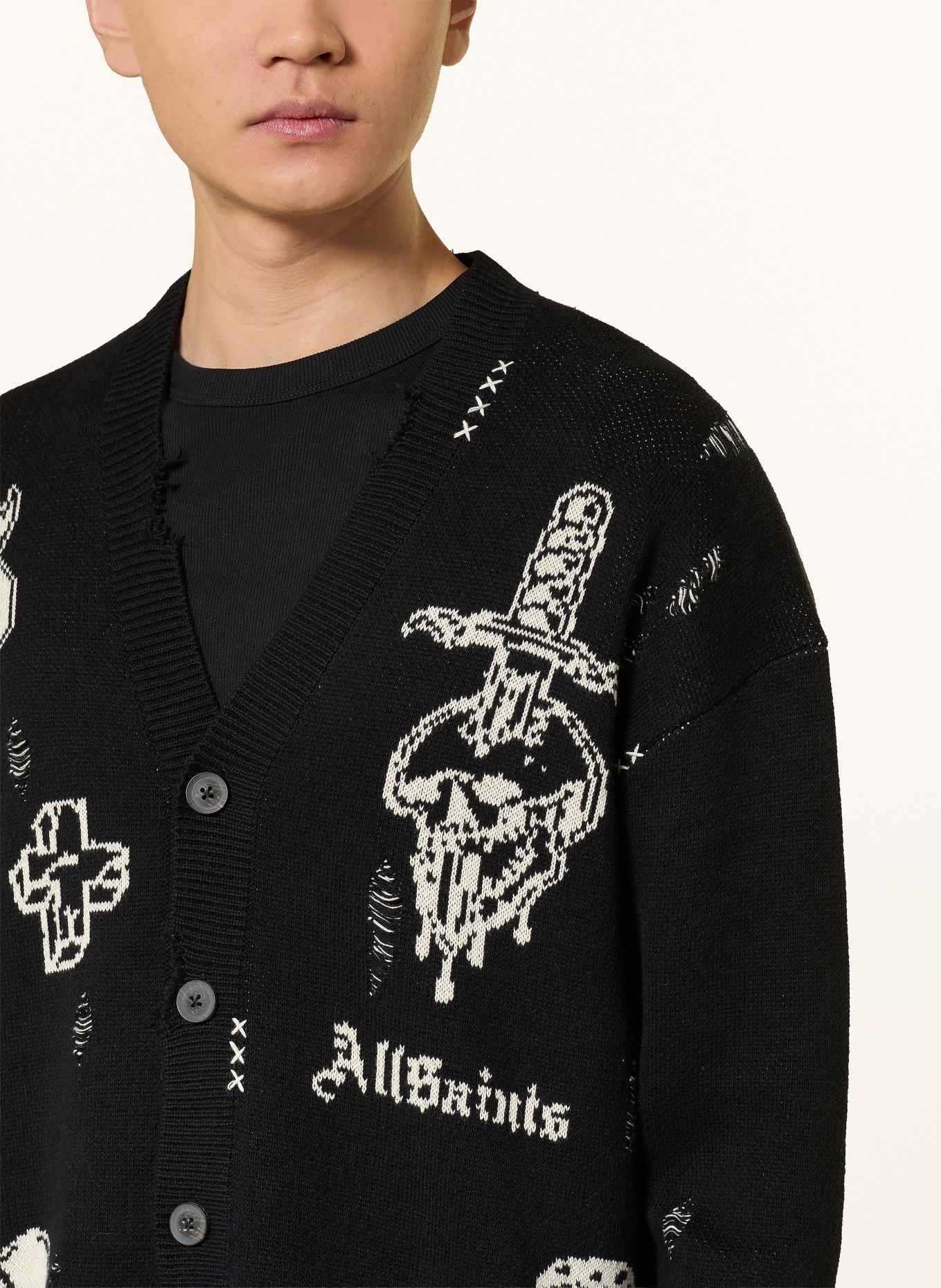 ALLSAINTS Svetr CALEDON: ČERNÁ / SVĚTLE ŠEDÁ