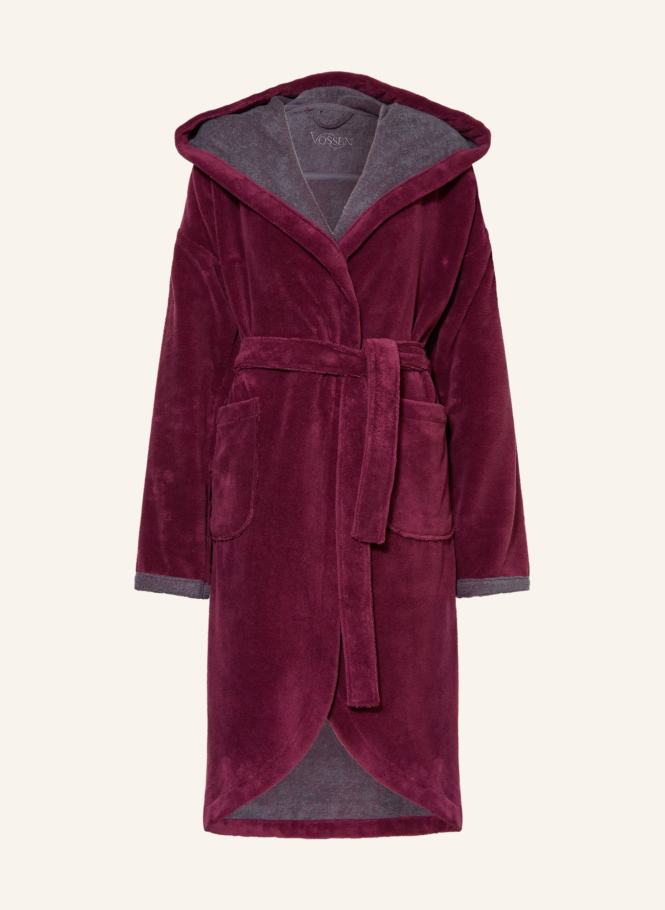 VOSSEN Unisexový župan CARMEN s kapucí: TMAVĚ FIALOVÁ / TMAVĚ ŠEDÁ