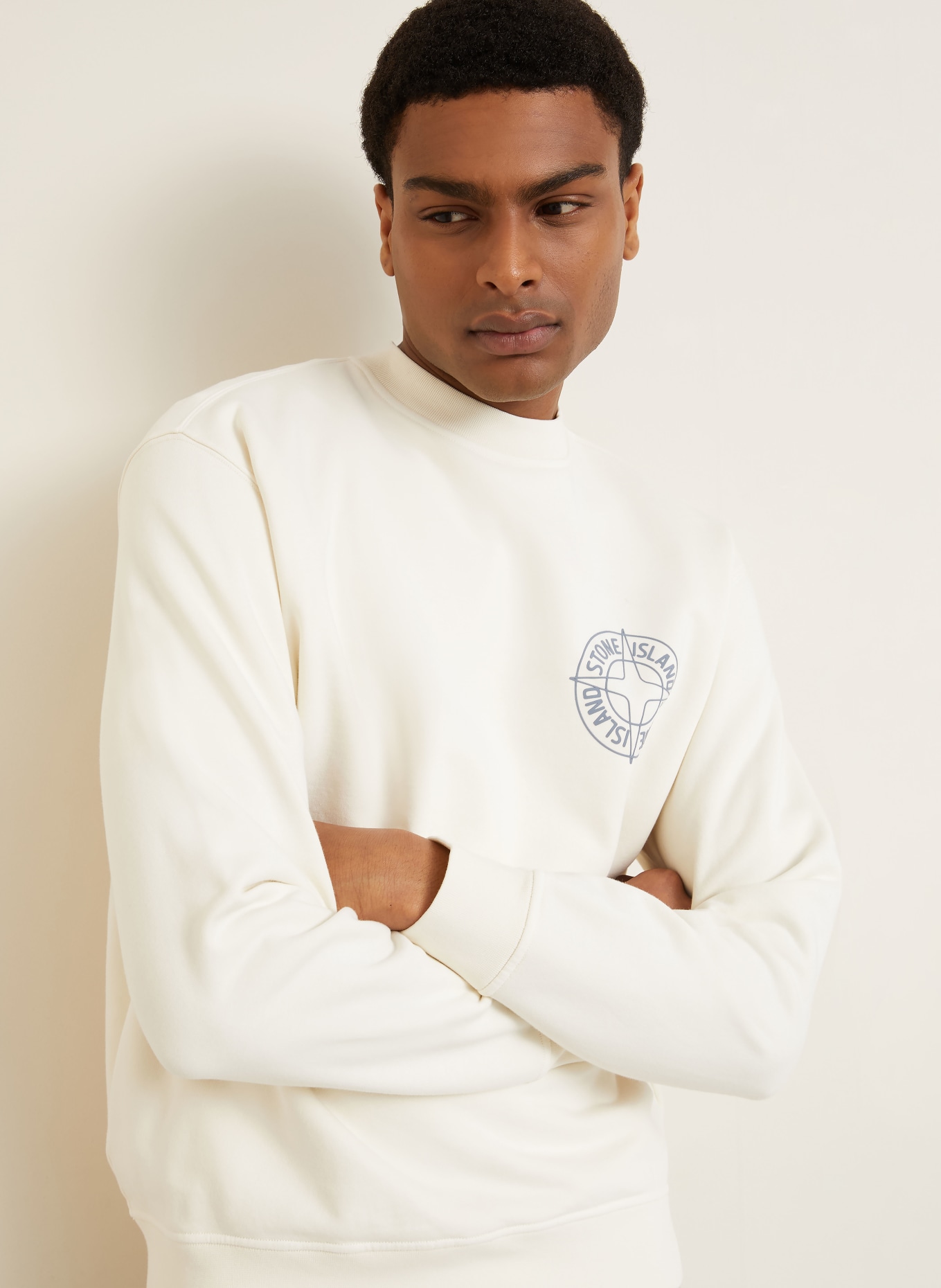 STONE ISLAND Sweatshirt OUTLINE COMPASS: ECRU / BLAUGRAU