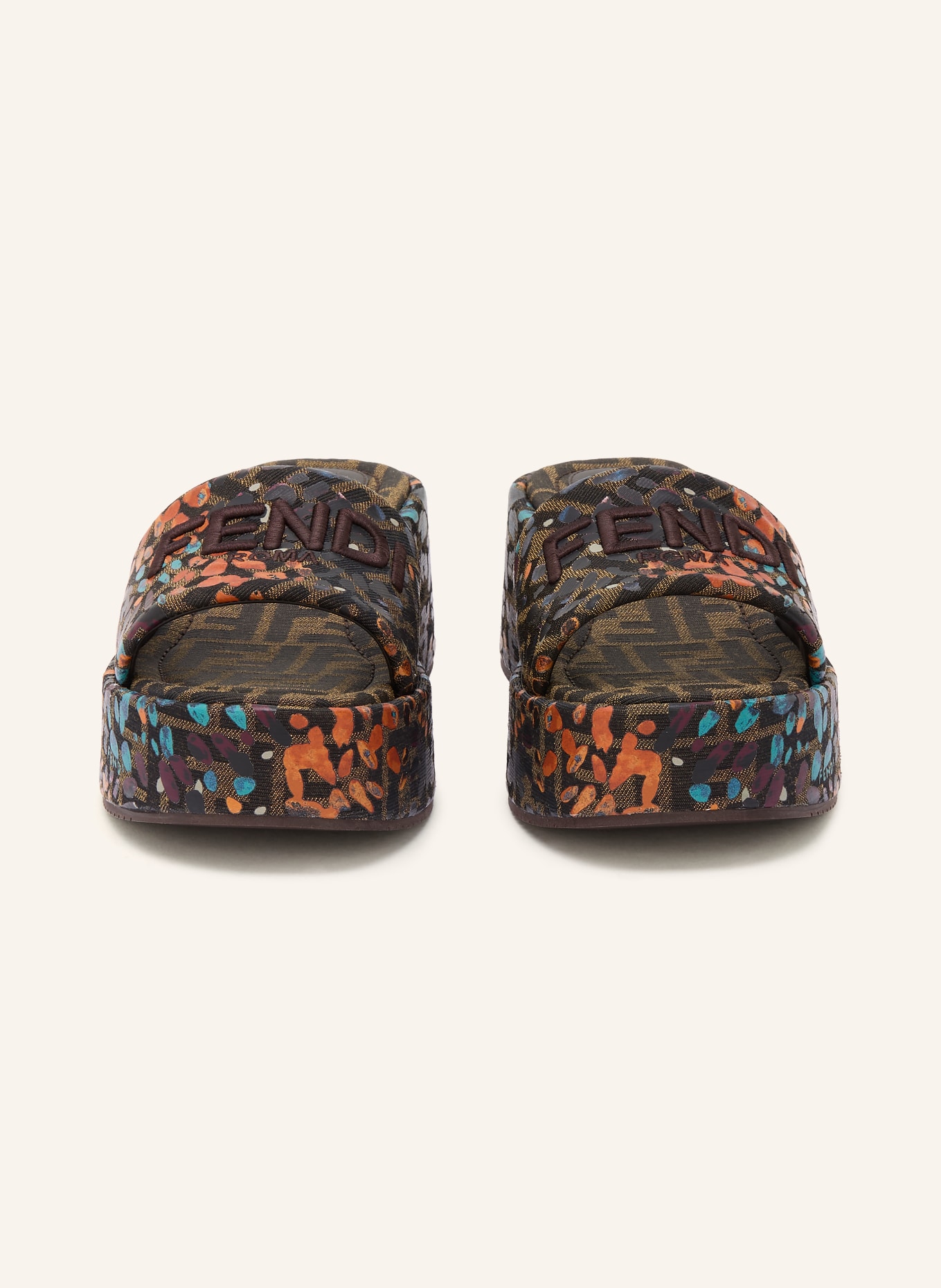 FENDI Plateau-Pantoletten TESS: BEIGE / ORANGE / SCHWARZ