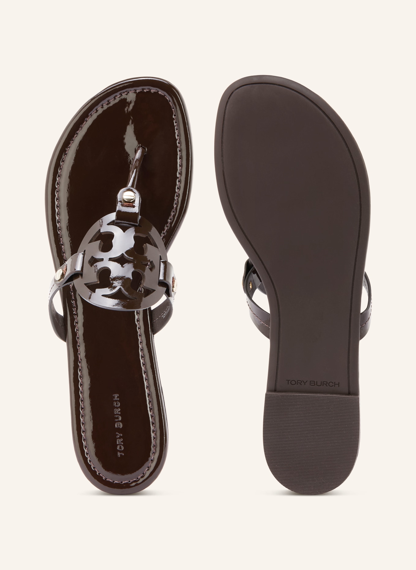 TORY BURCH Separator palców MILLER z nitami: CIEMNOBRĄZOWY / ZŁOTY