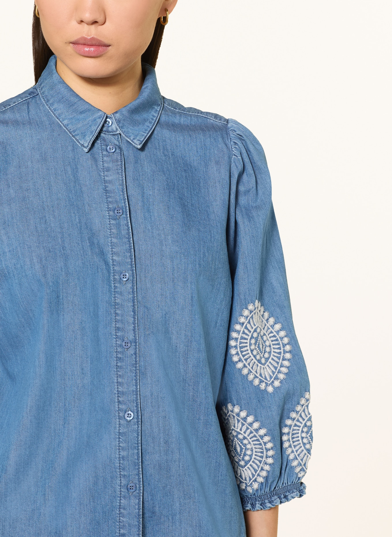 MORE & MORE Jeansbluse mit 3/4-Arm: BLAU / WEISS