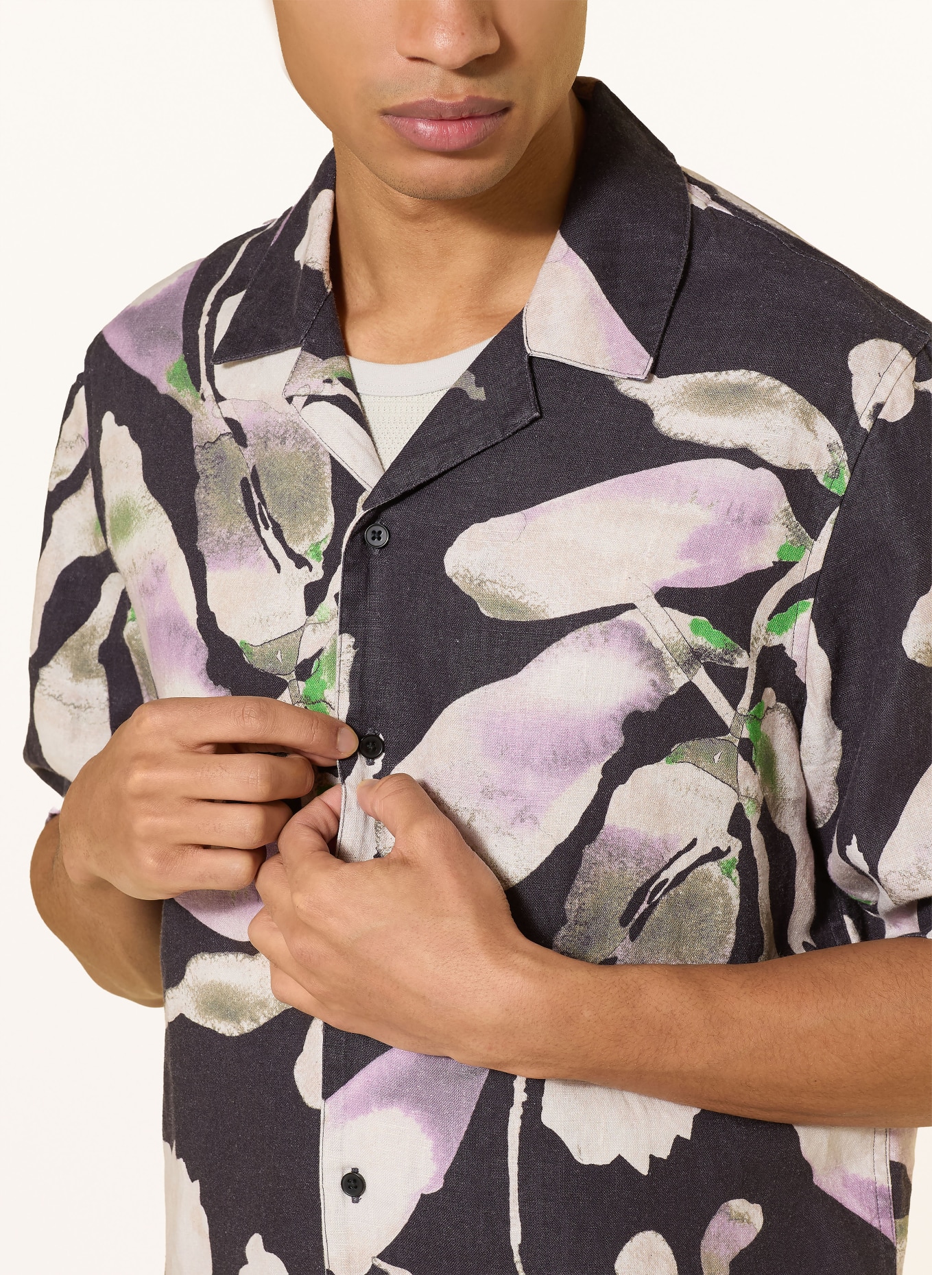 SAMSØE SAMSØE SAOSCAR linen resort shirt: BLACK / CREAM / LIGHT PURPLE