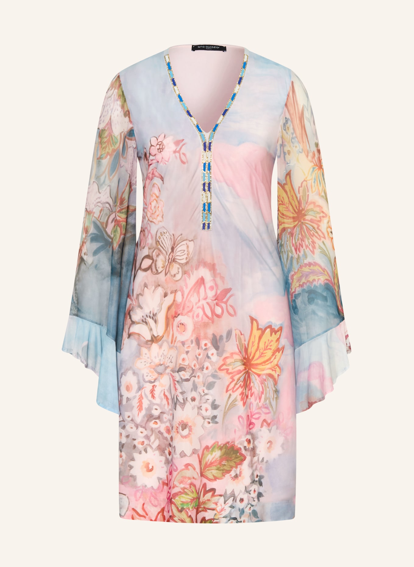 Ana Alcazar Mesh-Kleid mit Schmuckperlen: BLAUGRAU / PINK / GRÜN