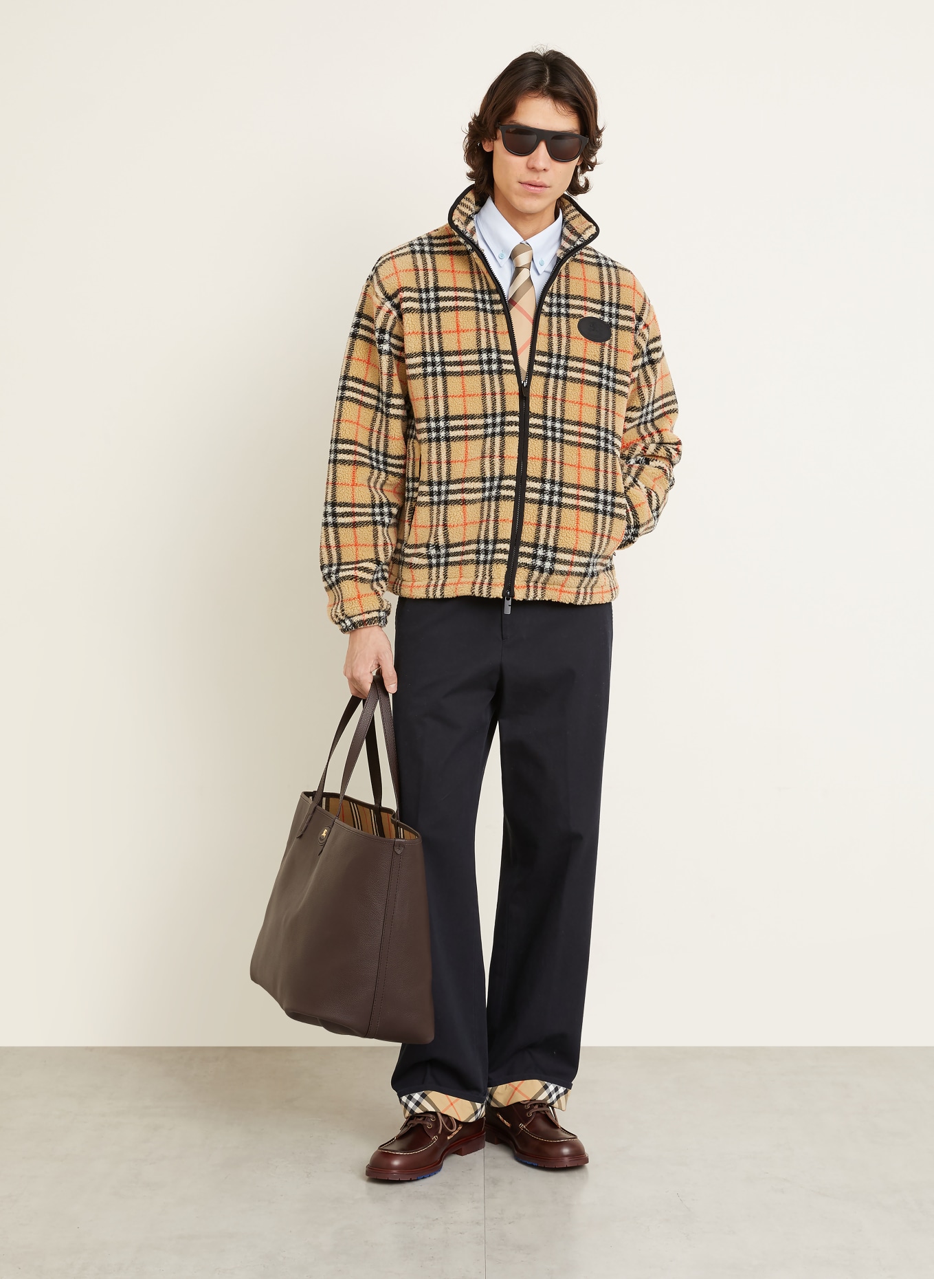 BURBERRY Teddyfell-Jacke FAIRFAX: HELLBRAUN / ROT / SCHWARZ