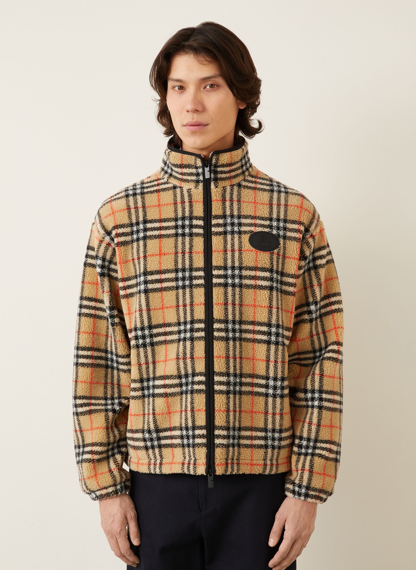BURBERRY Teddyfell-Jacke FAIRFAX: HELLBRAUN / ROT / SCHWARZ
