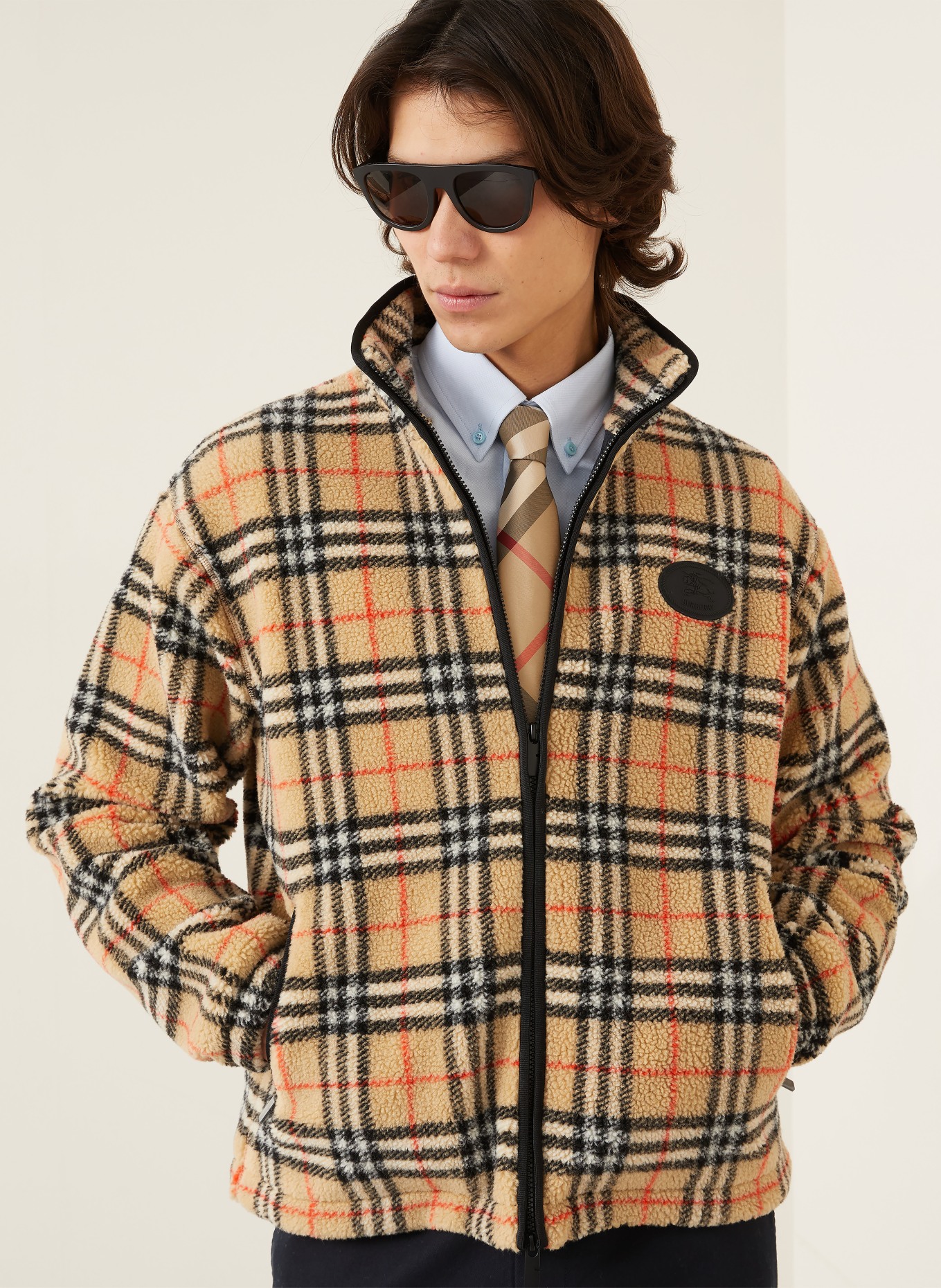 BURBERRY Teddyfell-Jacke FAIRFAX: HELLBRAUN / ROT / SCHWARZ