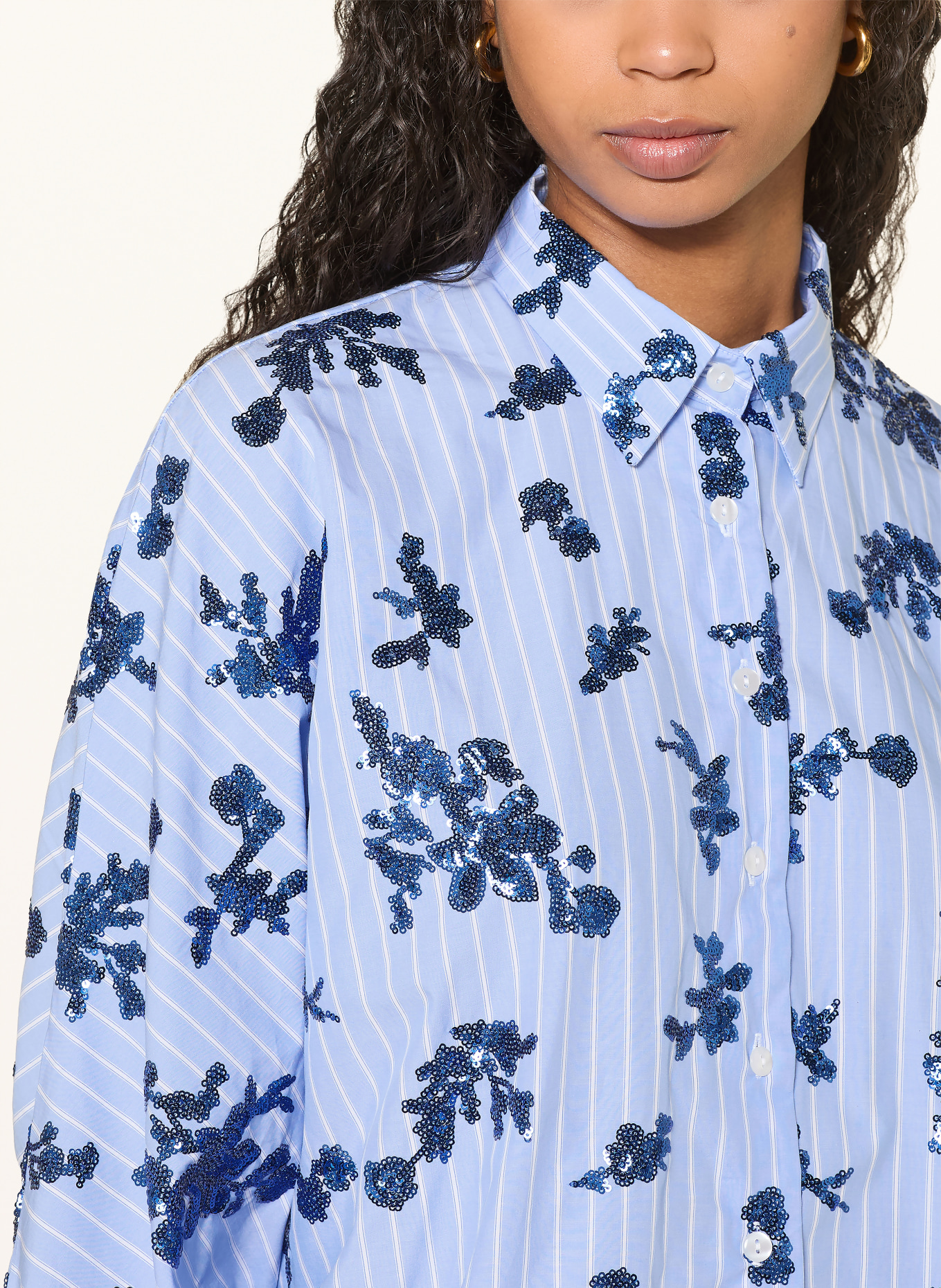 lilienfels Oversized-Hemdbluse mit Pailletten: HELLBLAU / WEISS
