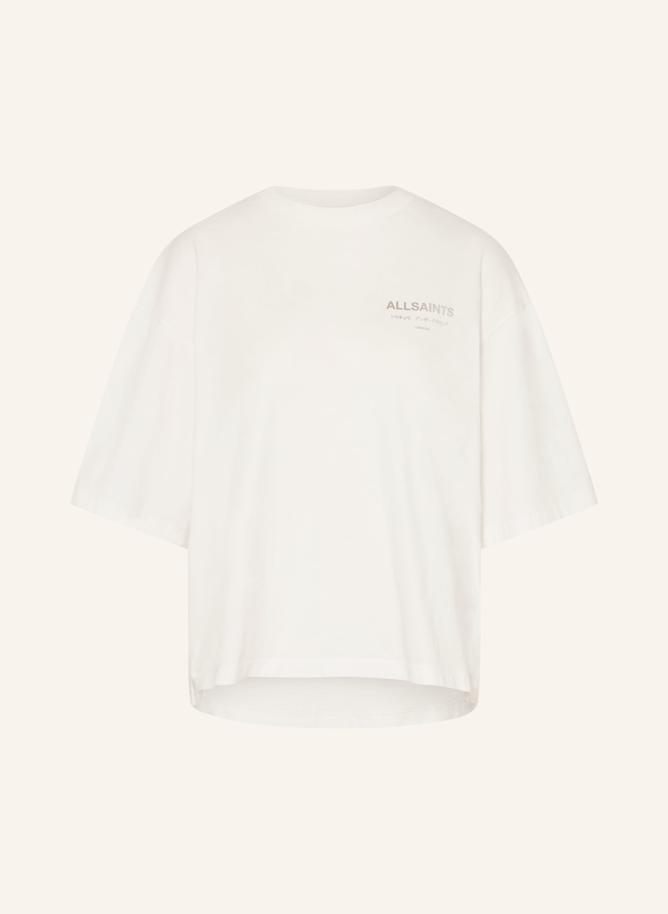 ALLSAINTS T-Shirt UNDER AMELIE mit Schmucksteinen: WEISS / HELLGRAU