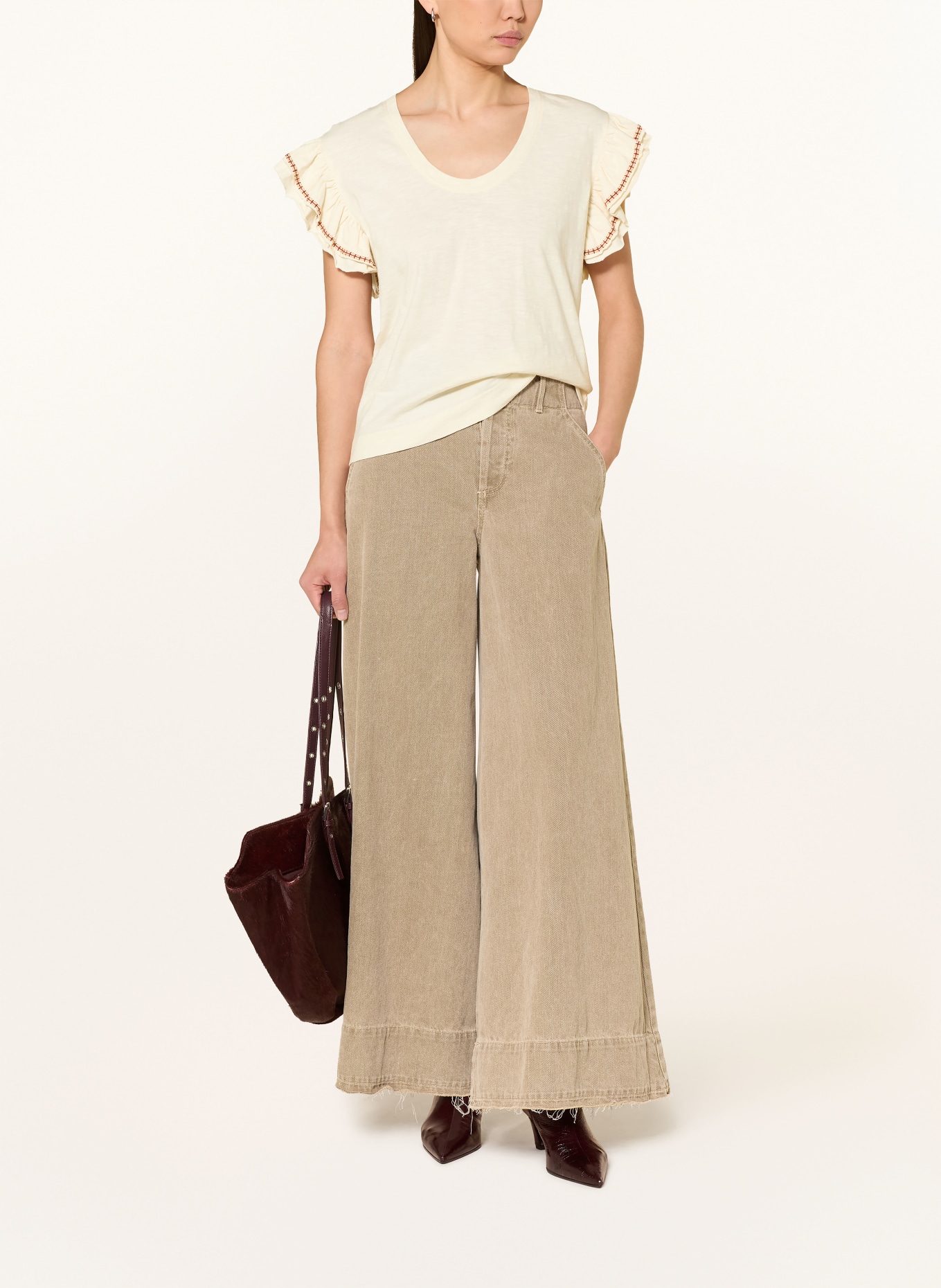 MOS MOSH MMTORRA T-shirt with ruffles: ECRU / LIGHT BROWN / BROWN