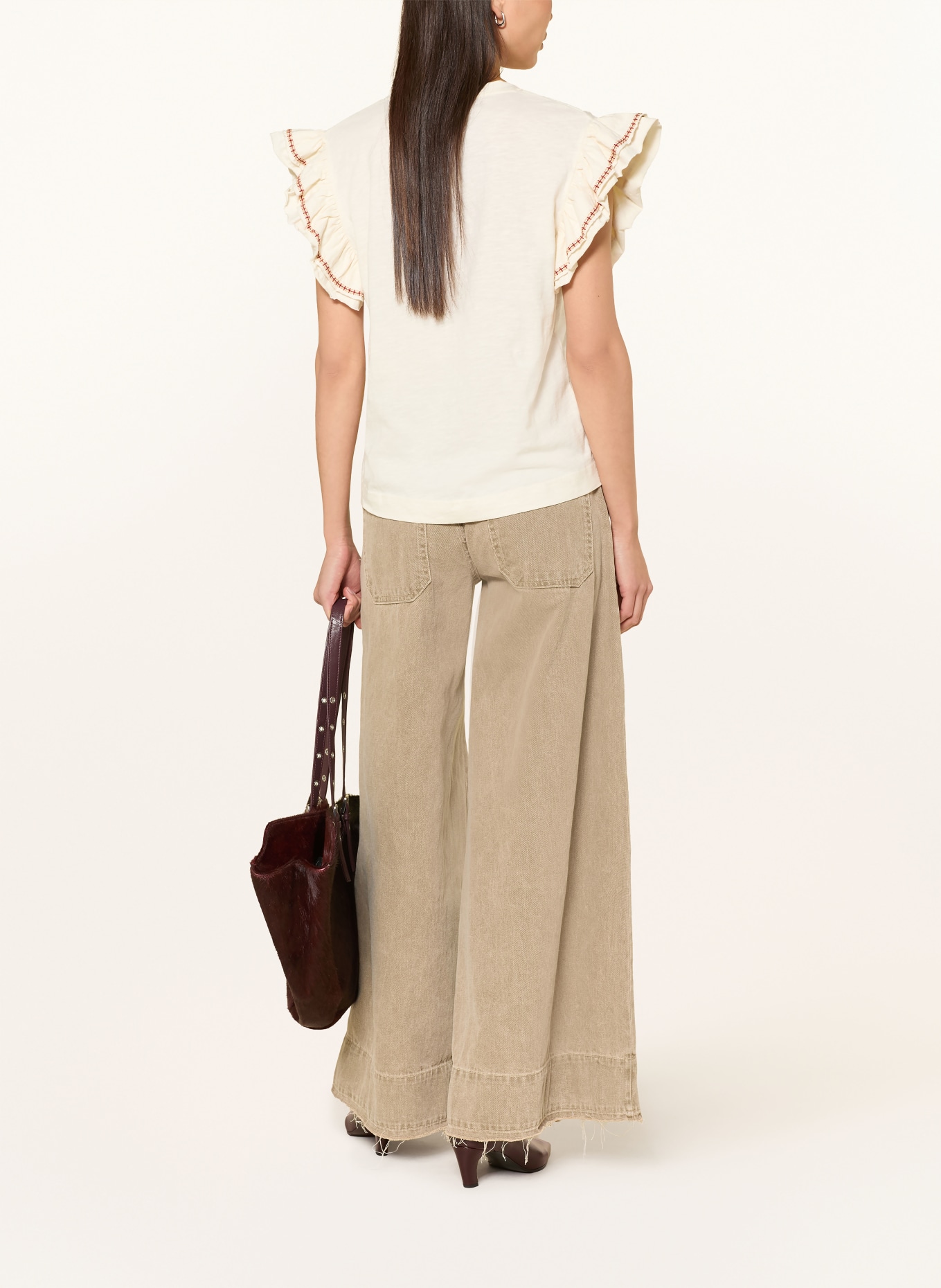 MOS MOSH MMTORRA T-shirt with ruffles: ECRU / LIGHT BROWN / BROWN