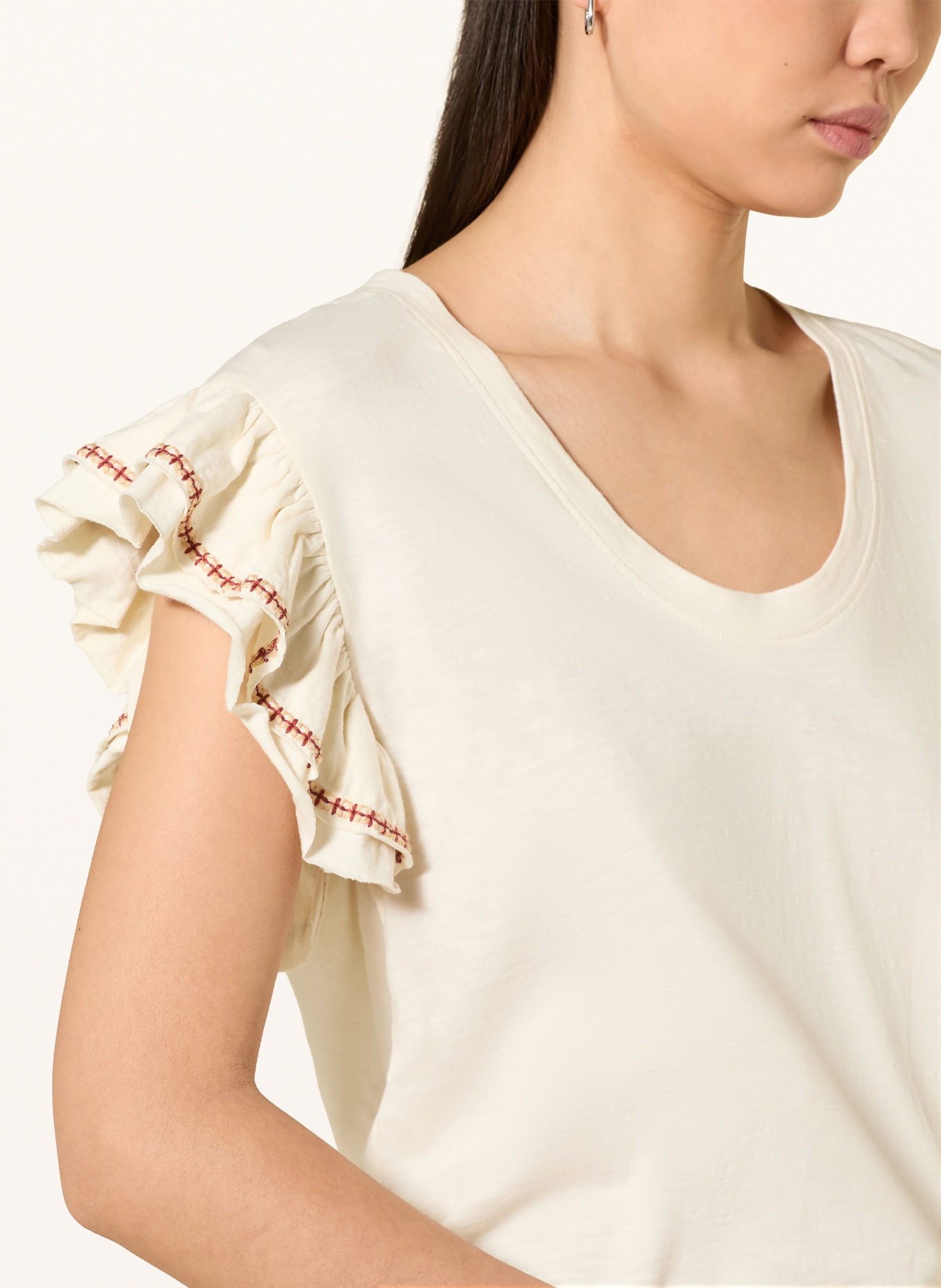 MOS MOSH MMTORRA T-shirt with ruffles: ECRU / LIGHT BROWN / BROWN