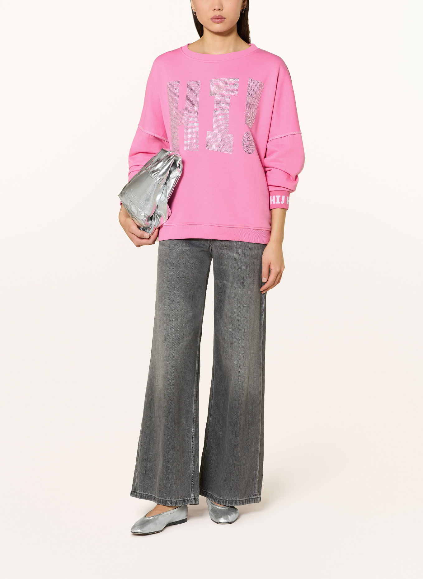 miss goodlife Oversize'owa bluza z kamieniami ozdobnymi: MOCNORÓŻOWY / BIAŁY