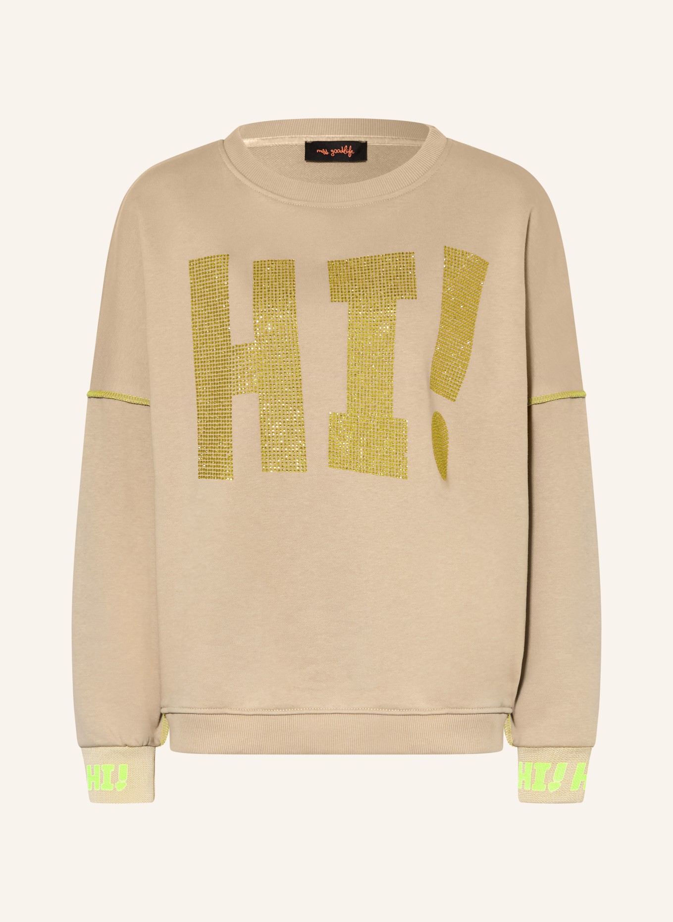 miss goodlife Oversized-Sweatshirt mit Schmucksteinen: BEIGE / NEONGELB