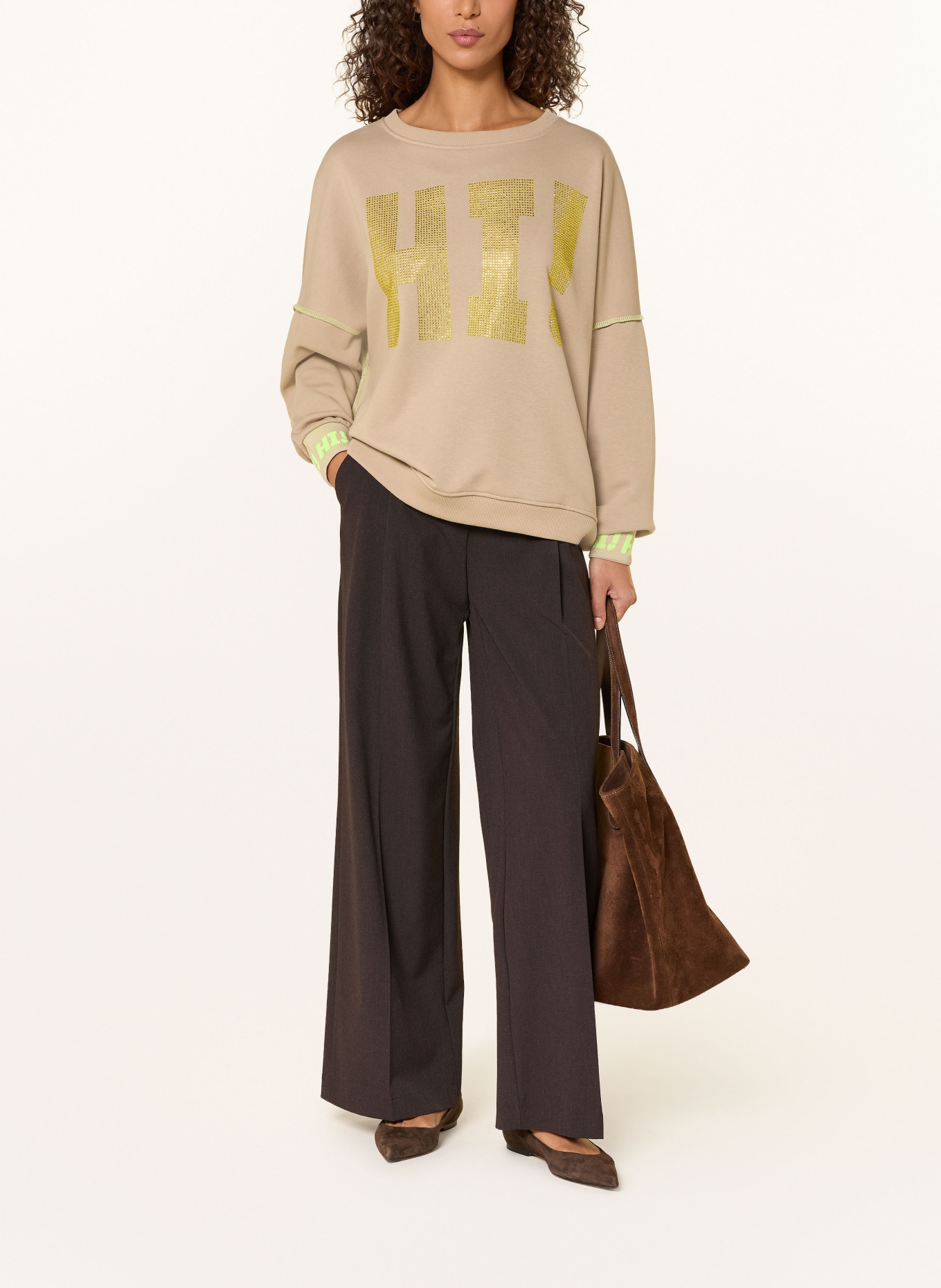 miss goodlife Oversized-Sweatshirt mit Schmucksteinen: BEIGE / NEONGELB