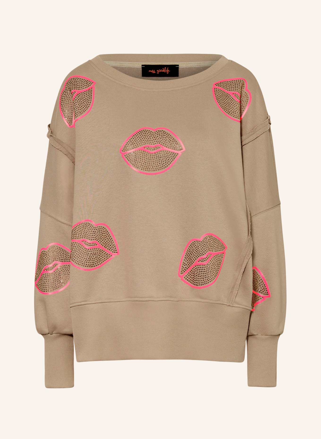 miss goodlife Oversized mikina s ozdobnými kamínky: BÉŽOVÁ / NEONOVĚ RŮŽOVÁ