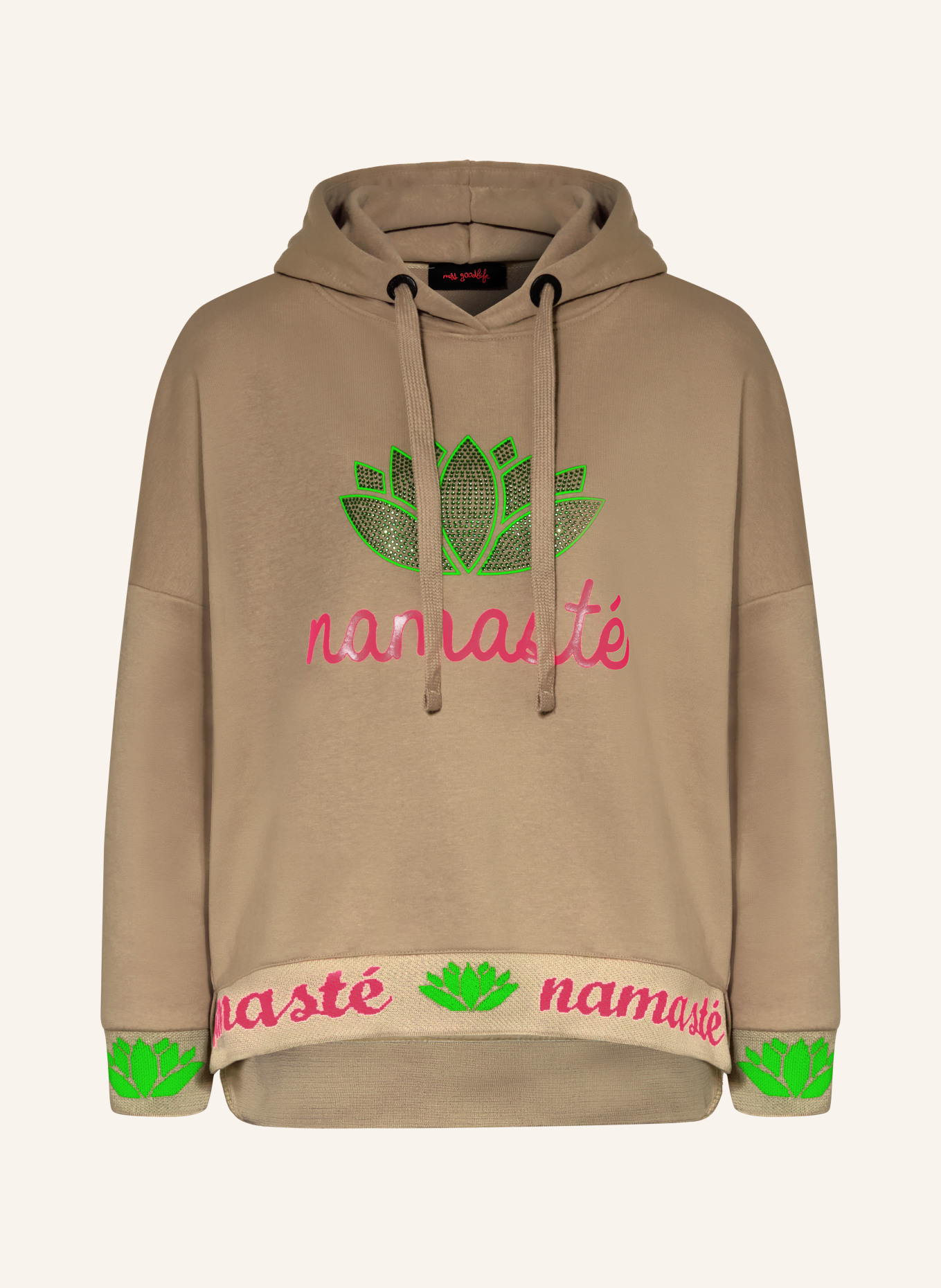 miss goodlife Hoodie mit Schmucksteinen: BEIGE / NEONPINK / GRÜN