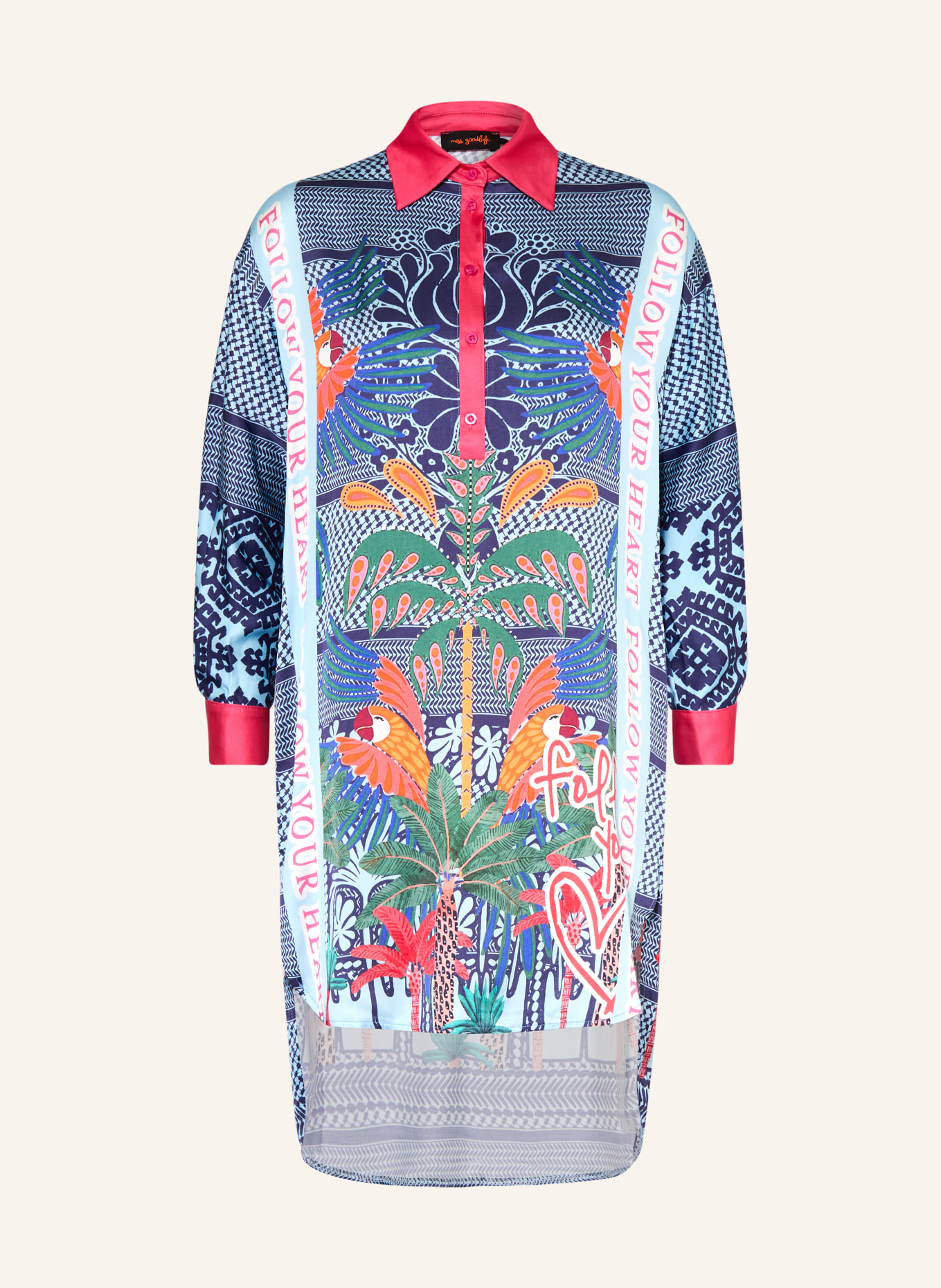 miss goodlife Hemdblusenkleid aus Satin: HELLBLAU / NEONPINK / ORANGE