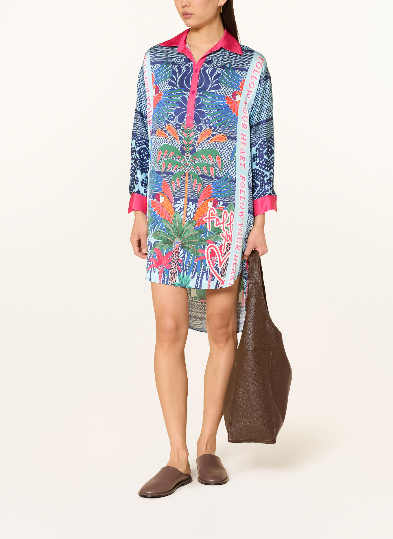 miss goodlife Hemdblusenkleid aus Satin: HELLBLAU / NEONPINK / ORANGE