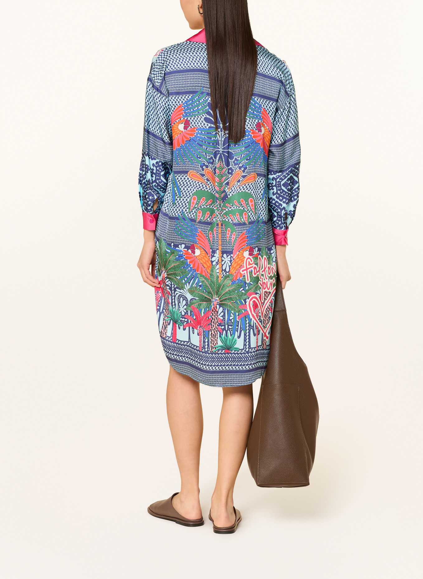 miss goodlife Hemdblusenkleid aus Satin: HELLBLAU / NEONPINK / ORANGE