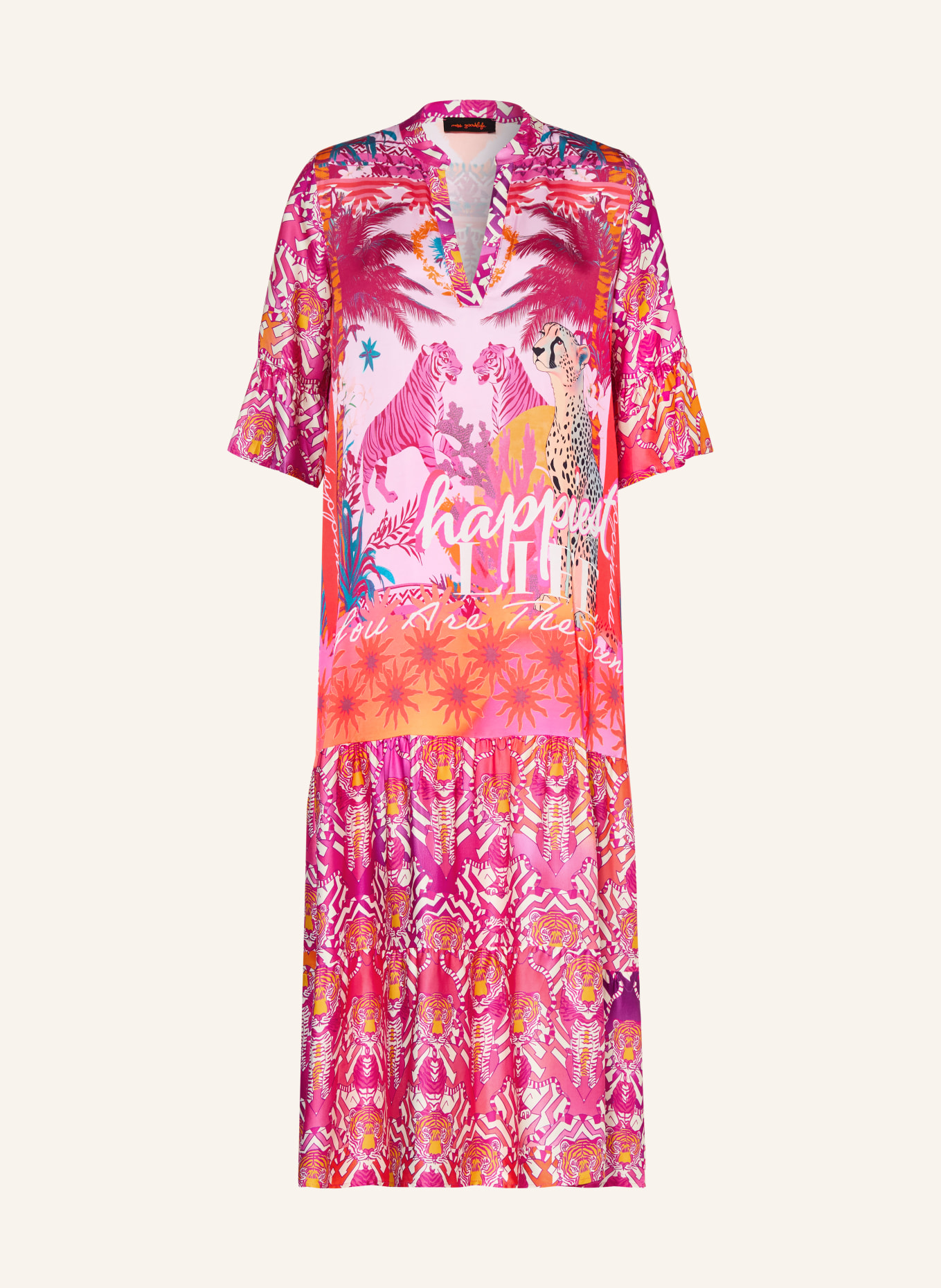 miss goodlife Satyna sukienka z rękawami 3/4 i falbanami: MOCNORÓŻOWY / KREMOWY / POMARAŃCZOWY