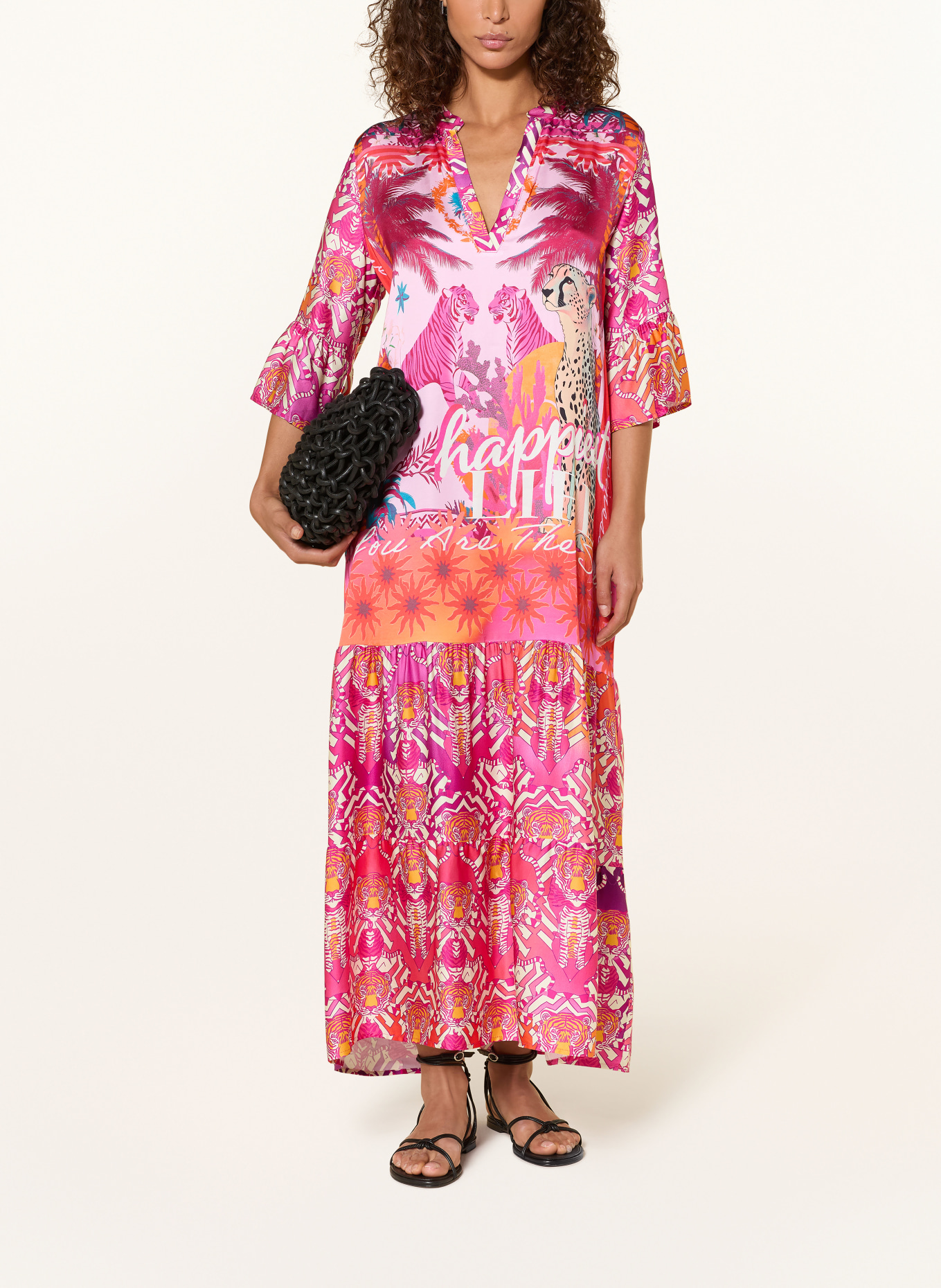 miss goodlife Satyna sukienka z rękawami 3/4 i falbanami: MOCNORÓŻOWY / KREMOWY / POMARAŃCZOWY