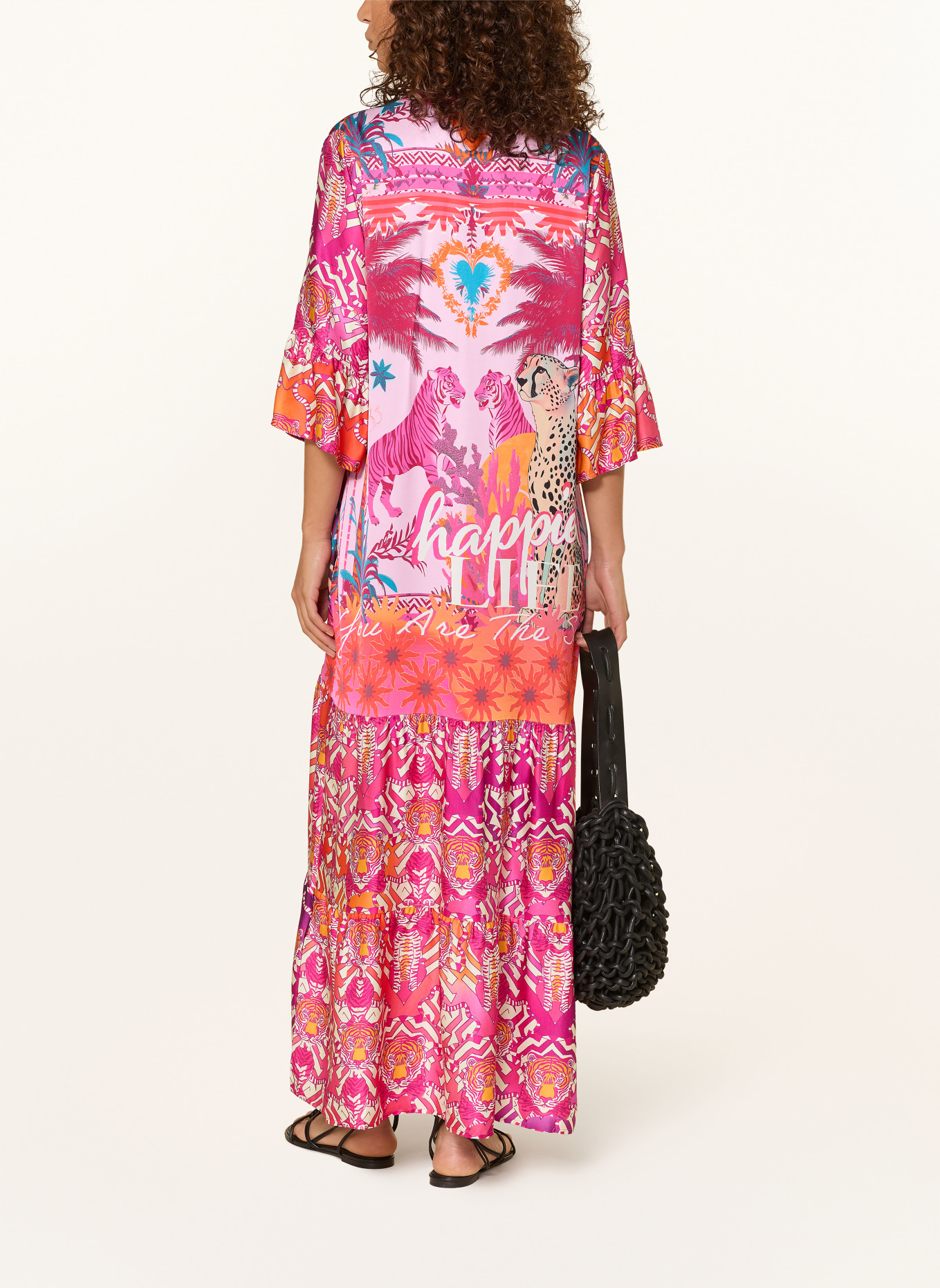 miss goodlife Satyna sukienka z rękawami 3/4 i falbanami: MOCNORÓŻOWY / KREMOWY / POMARAŃCZOWY