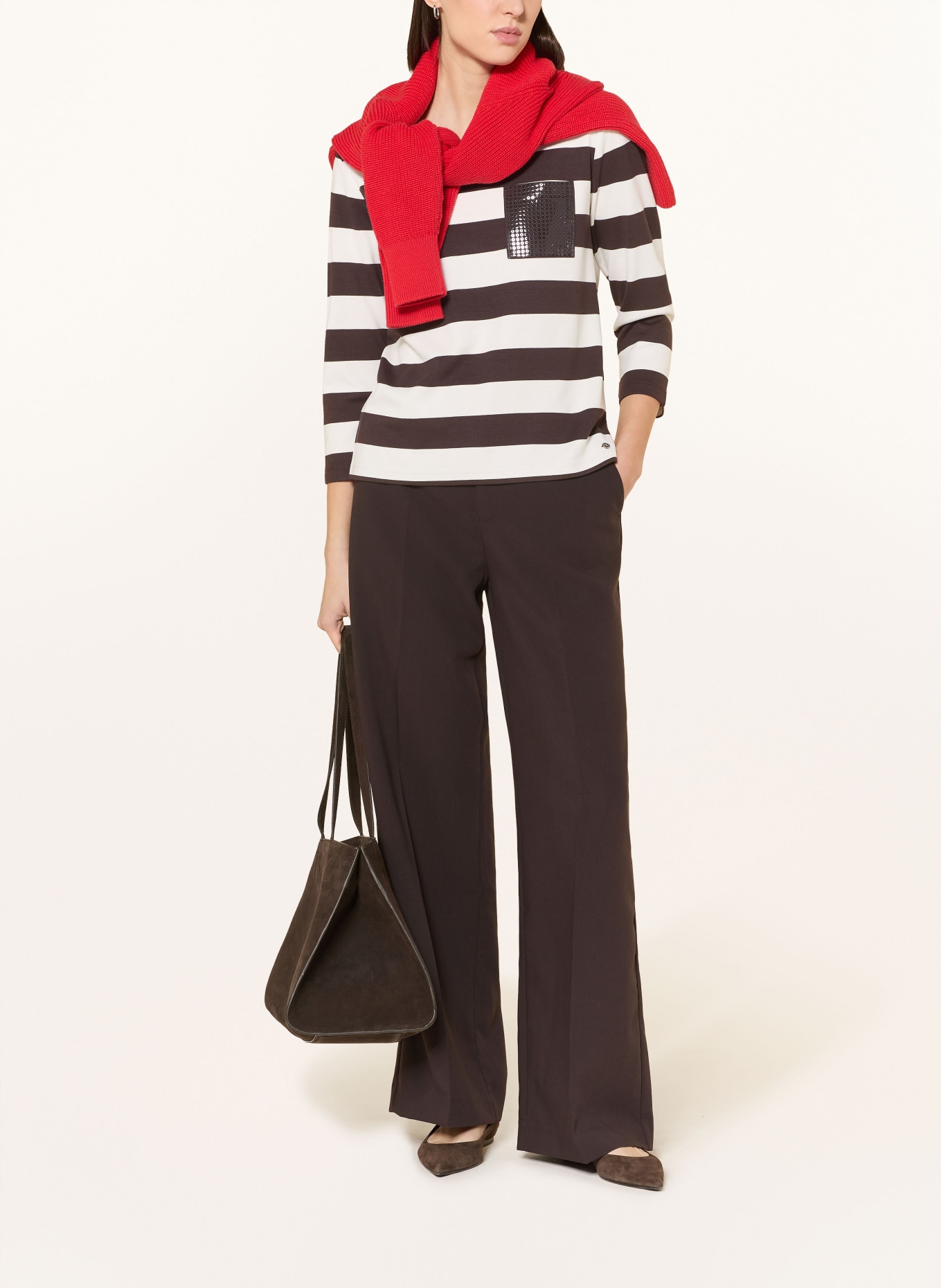 monari Tričko s 3/4 rukávem a flitry: TMAVĚ HNĚDÁ / BÍLÁ