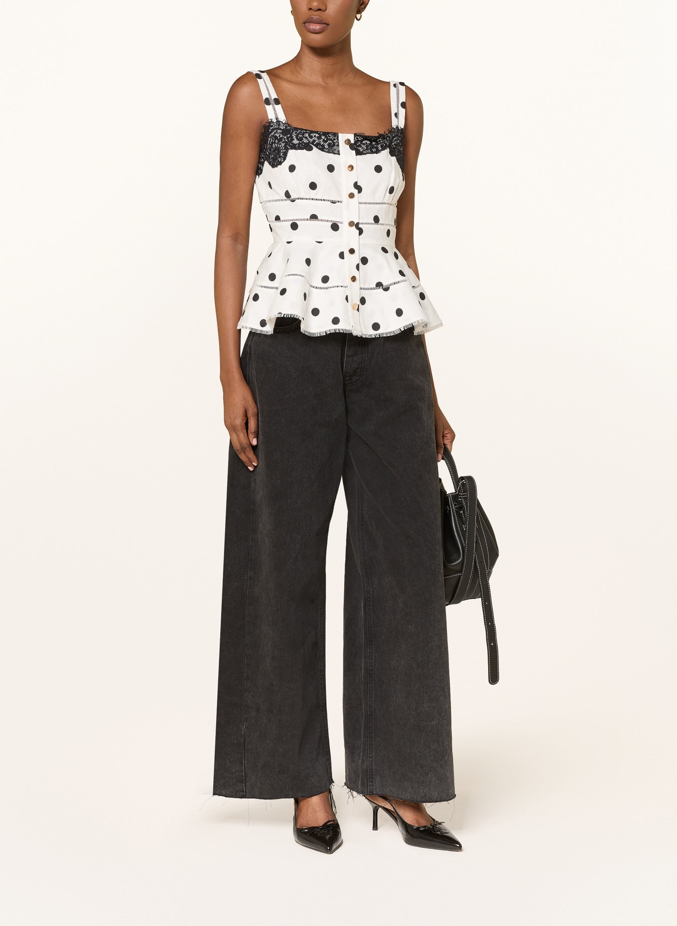 self-portrait Blouse en lin avec dentelle: BLANC / NOIR