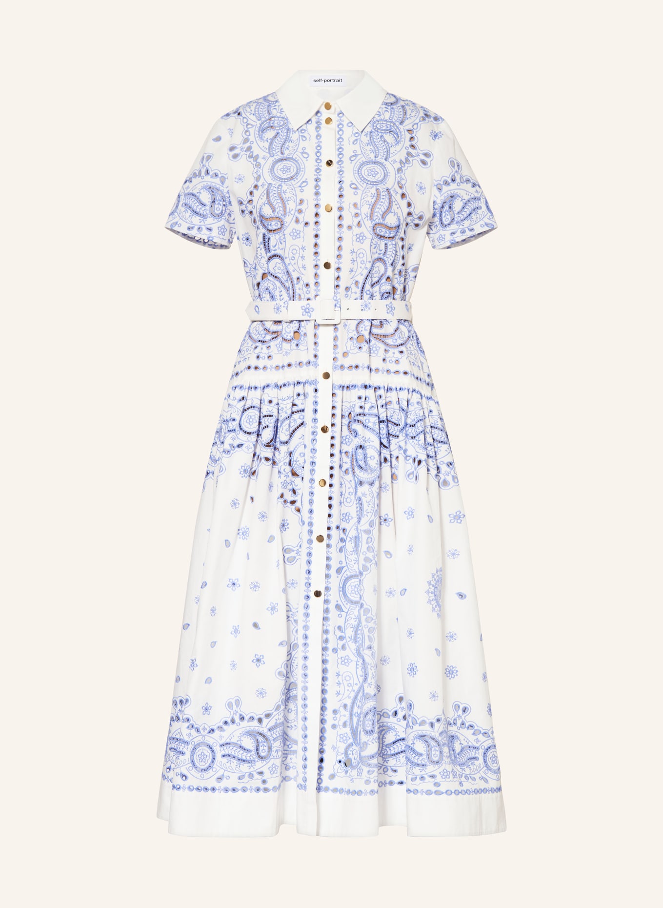 self-portrait Hemdblusenkleid mit Lochspitze: WEISS / HELLBLAU