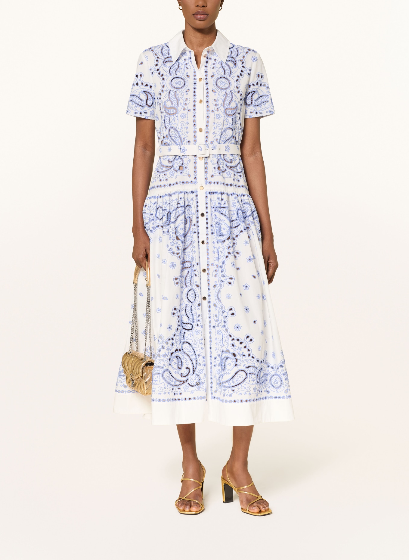 self-portrait Hemdblusenkleid mit Lochspitze: WEISS / HELLBLAU