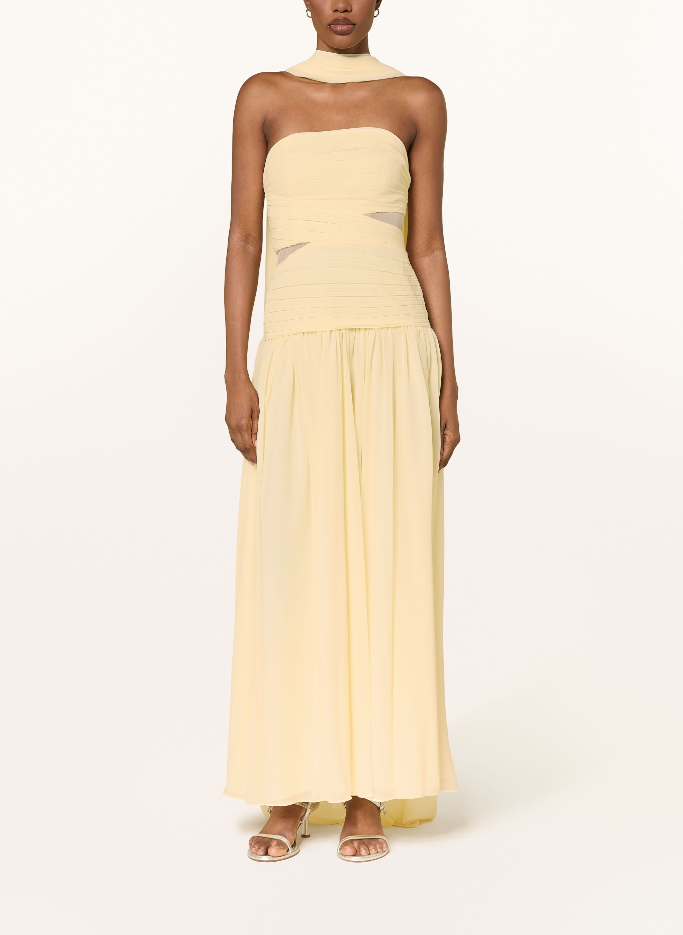 self-portrait Robe à épaules dénudées avec écharpe amovible et plissés: JAUNE CLAIR