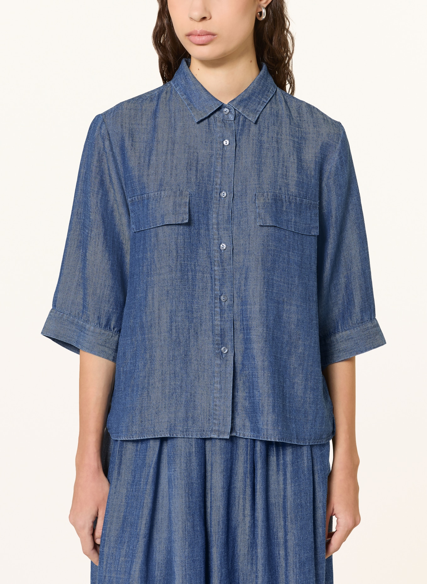 0039 ITALY Chemisier à manches 3/4 aspect jean: BLEU FONCÉ