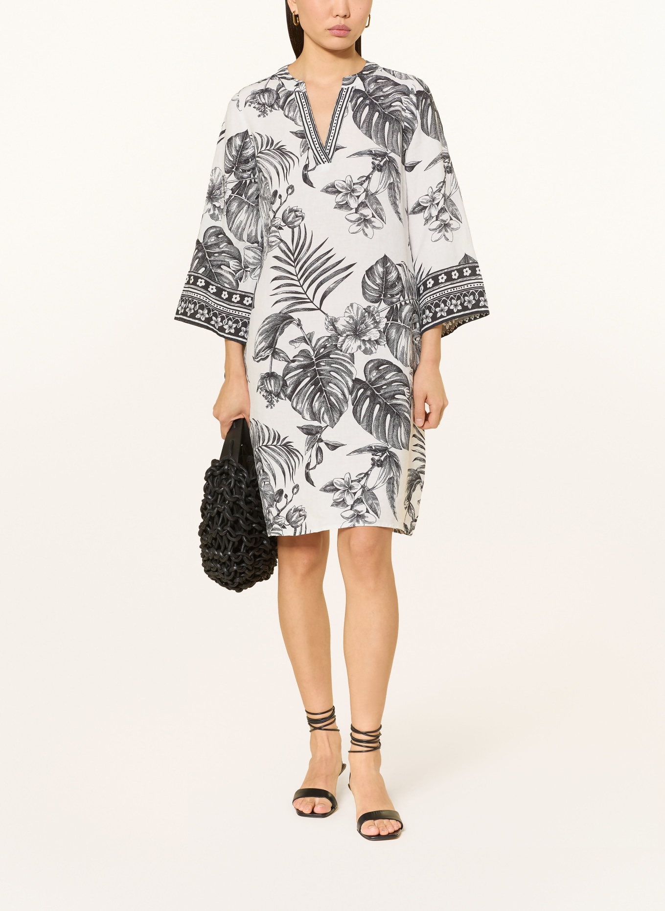 ANGOOR Leinenkleid CLEMENTINA mit 3/4-Arm: ECRU / SCHWARZ