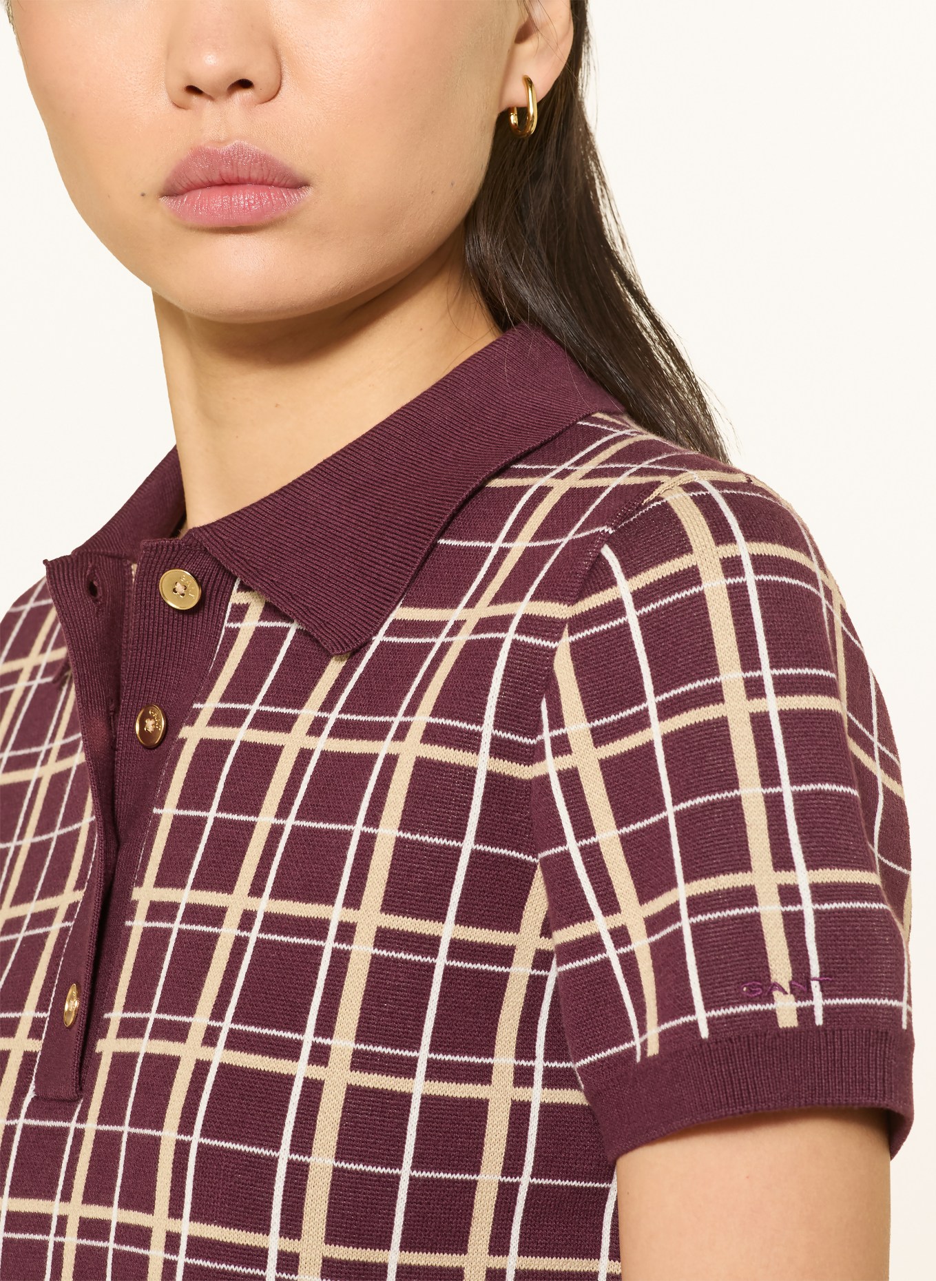 GANT Strick-Poloshirt: DUNKELROT / BEIGE / WEISS