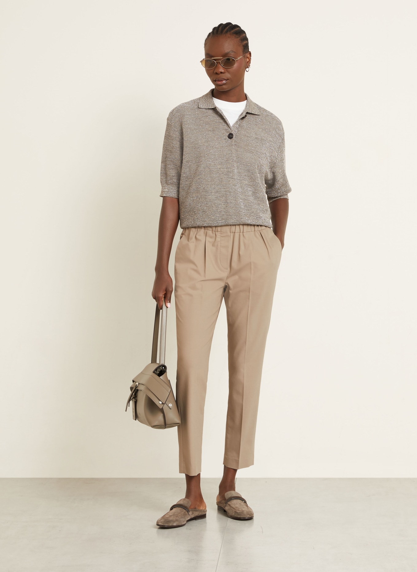 BRUNELLO CUCINELLI Strick-Poloshirt mit Leinen und Glitzergarn: TAUPE