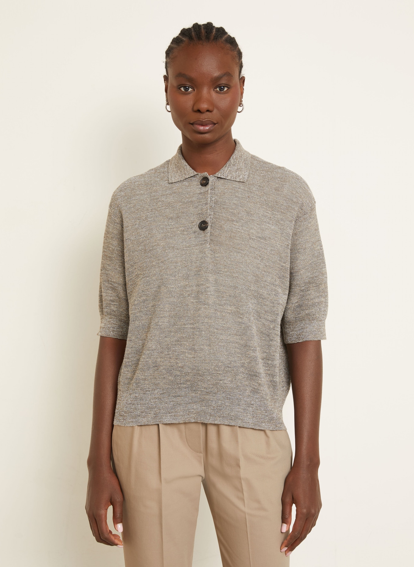BRUNELLO CUCINELLI Strick-Poloshirt mit Leinen und Glitzergarn: TAUPE