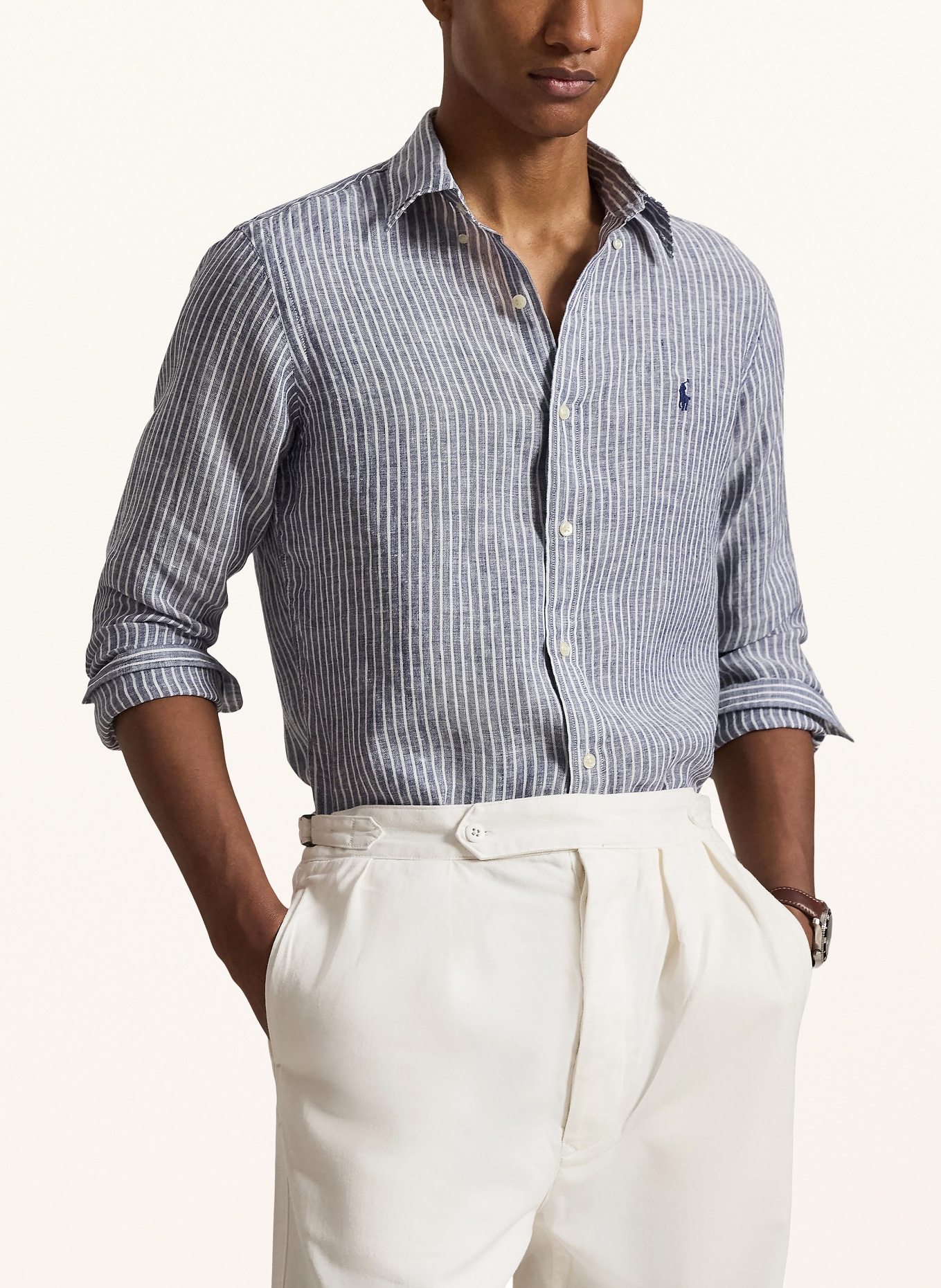 POLO RALPH LAUREN Leinenhemd Custom Fit: DUNKELBLAU / WEISS