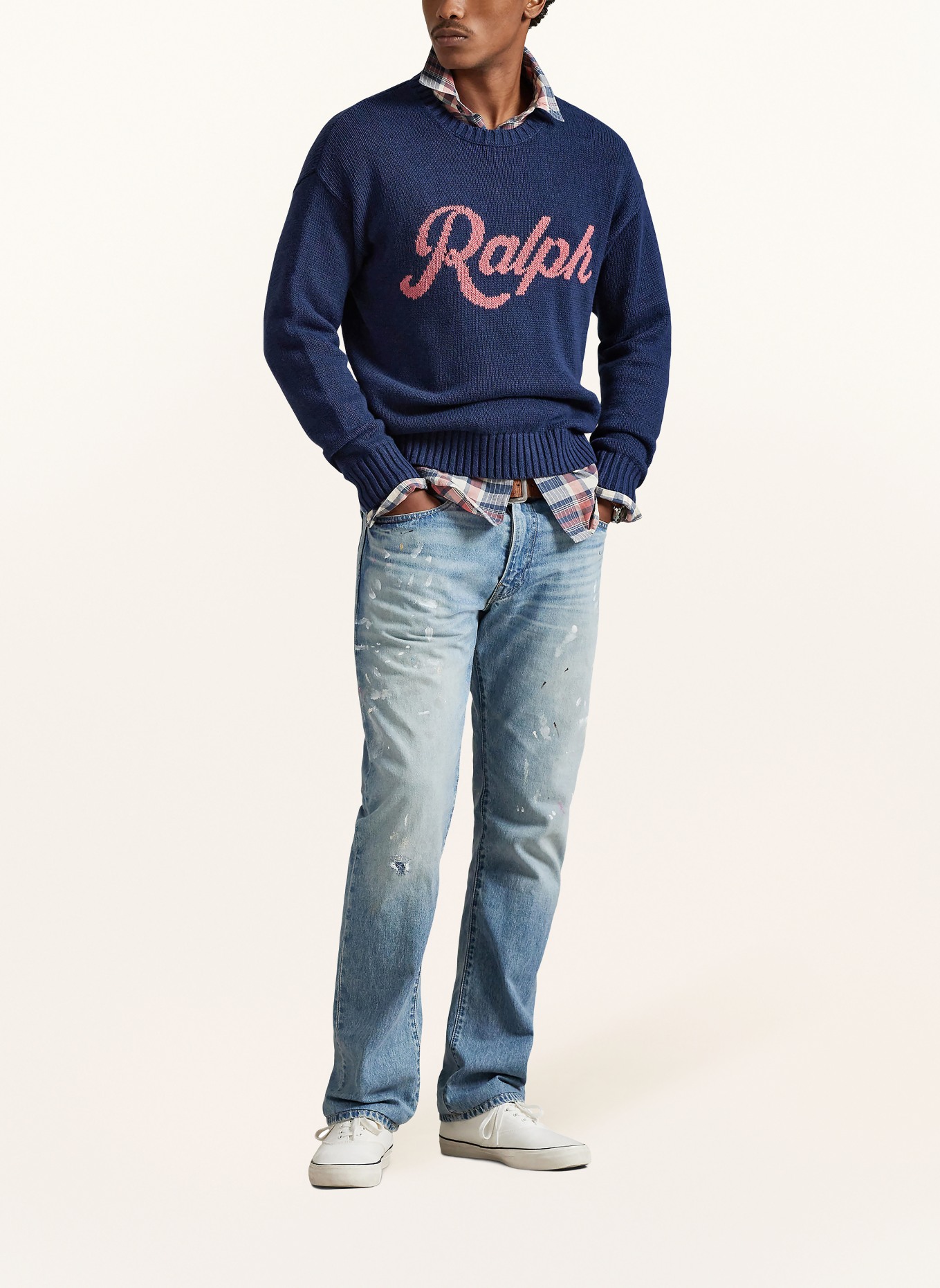 POLO RALPH LAUREN Pullover mit Leinen: DUNKELBLAU / HELLROT